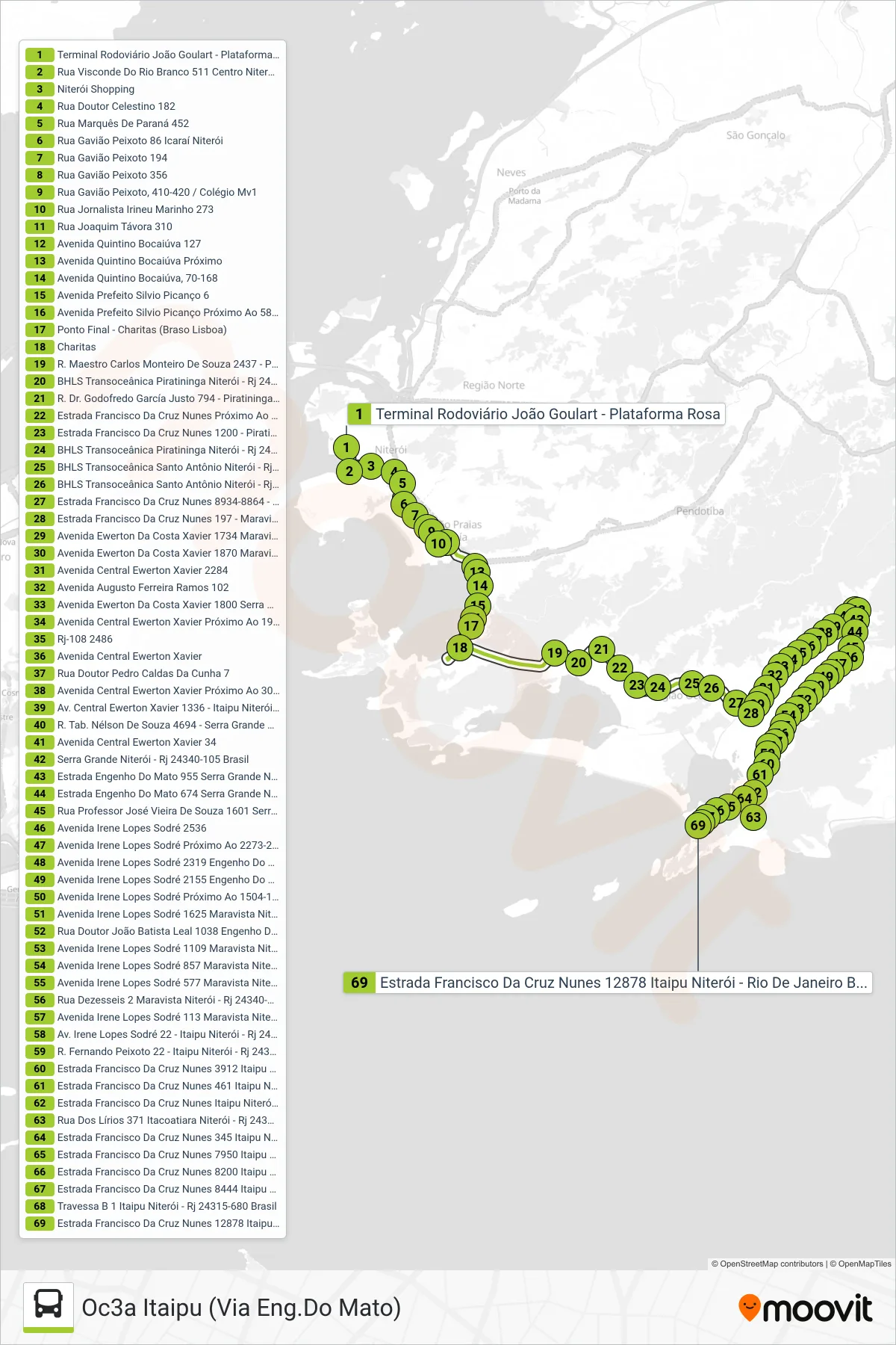 Rota e paradas da linha de ônibus OC3A (Oc3a Itaipu (Via Eng.Do Mato)) no mapa