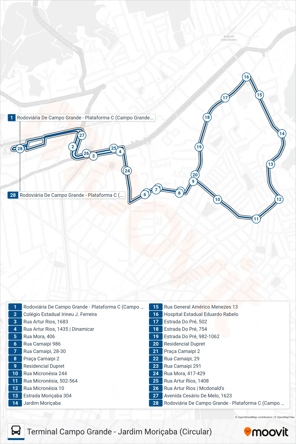 Rota e paradas da linha de ônibus 894 (Terminal Campo Grande ↔ Jardim Moriçaba (Circular)) no mapa