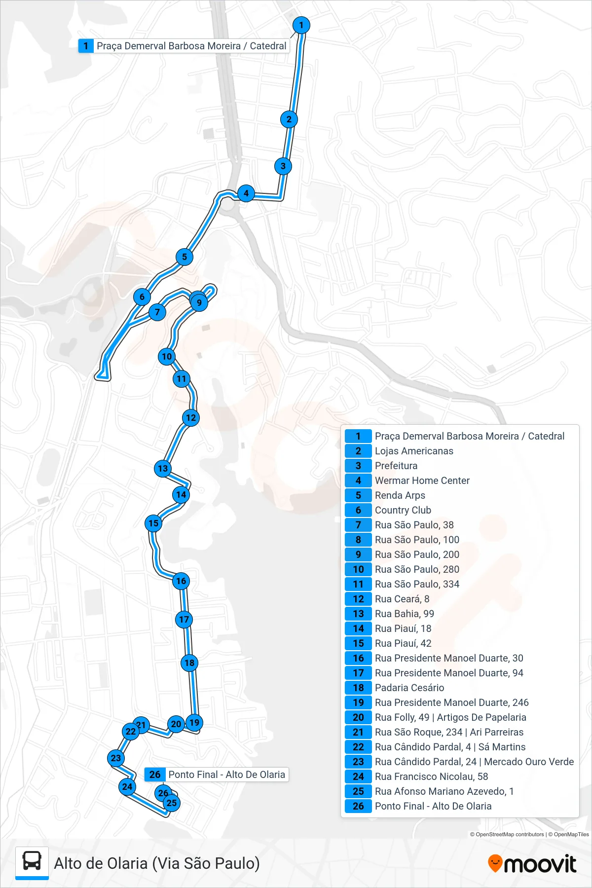 Rota e paradas da linha de ônibus 42-A (Alto De Olaria (Via São Paulo)) no mapa