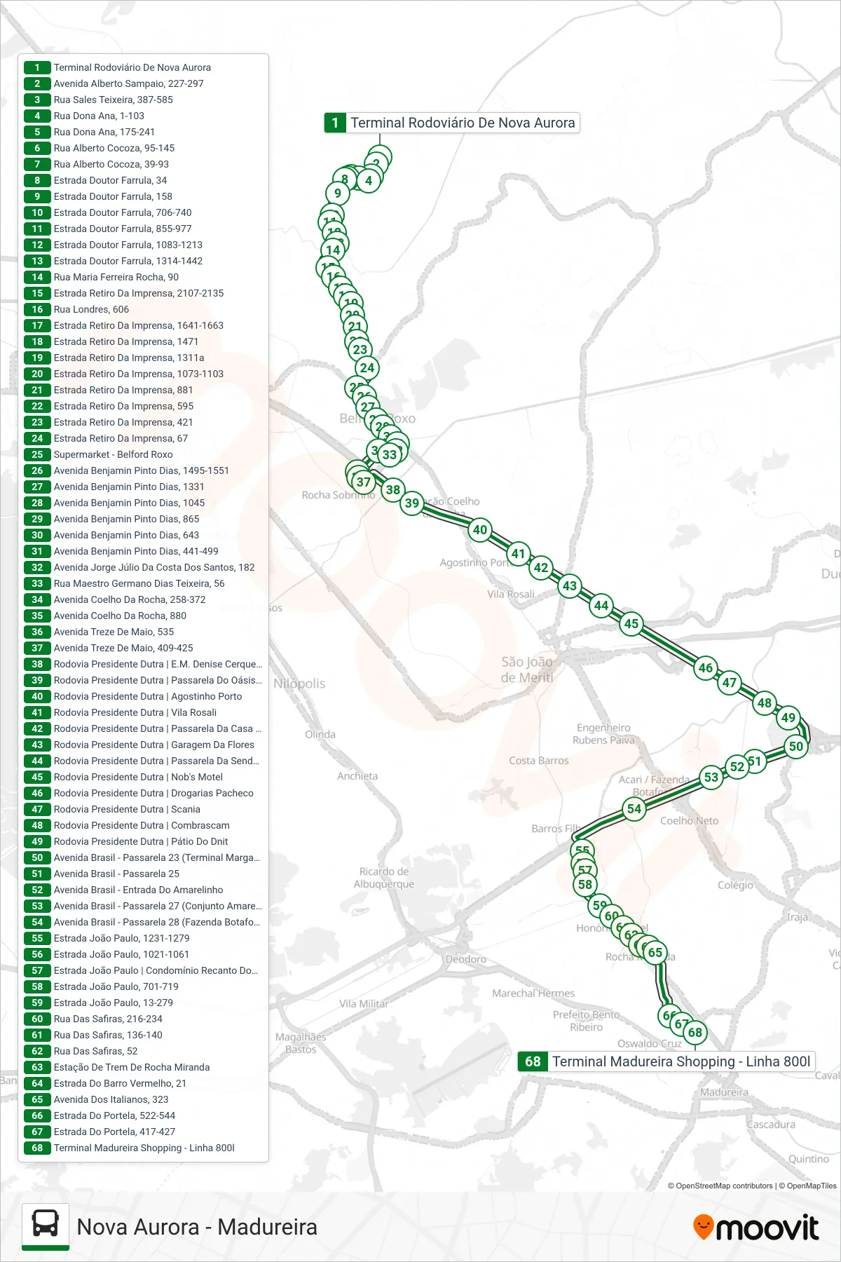 Rota e paradas da linha de ônibus 800L (Madureira) no mapa