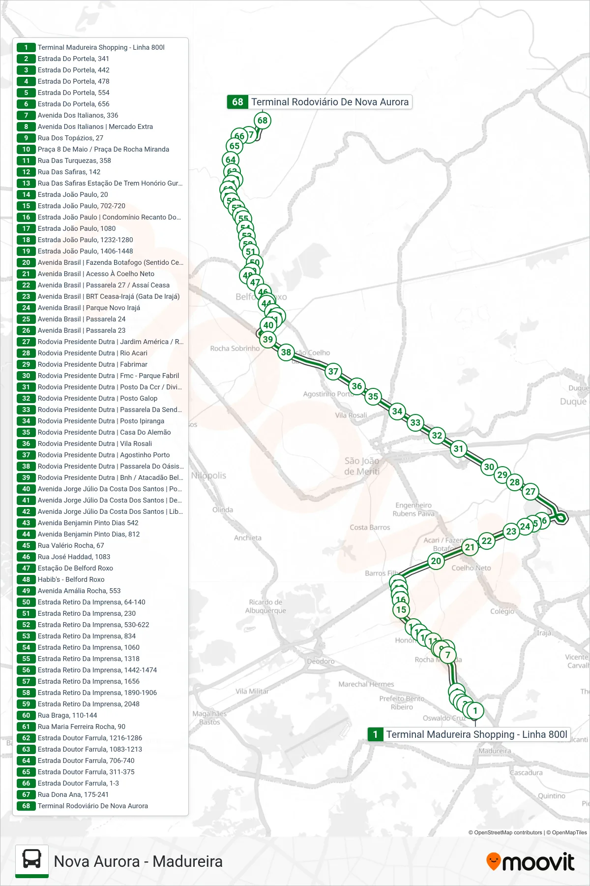 Rota e paradas da linha de ônibus  800L  (Nova Aurora) no mapa