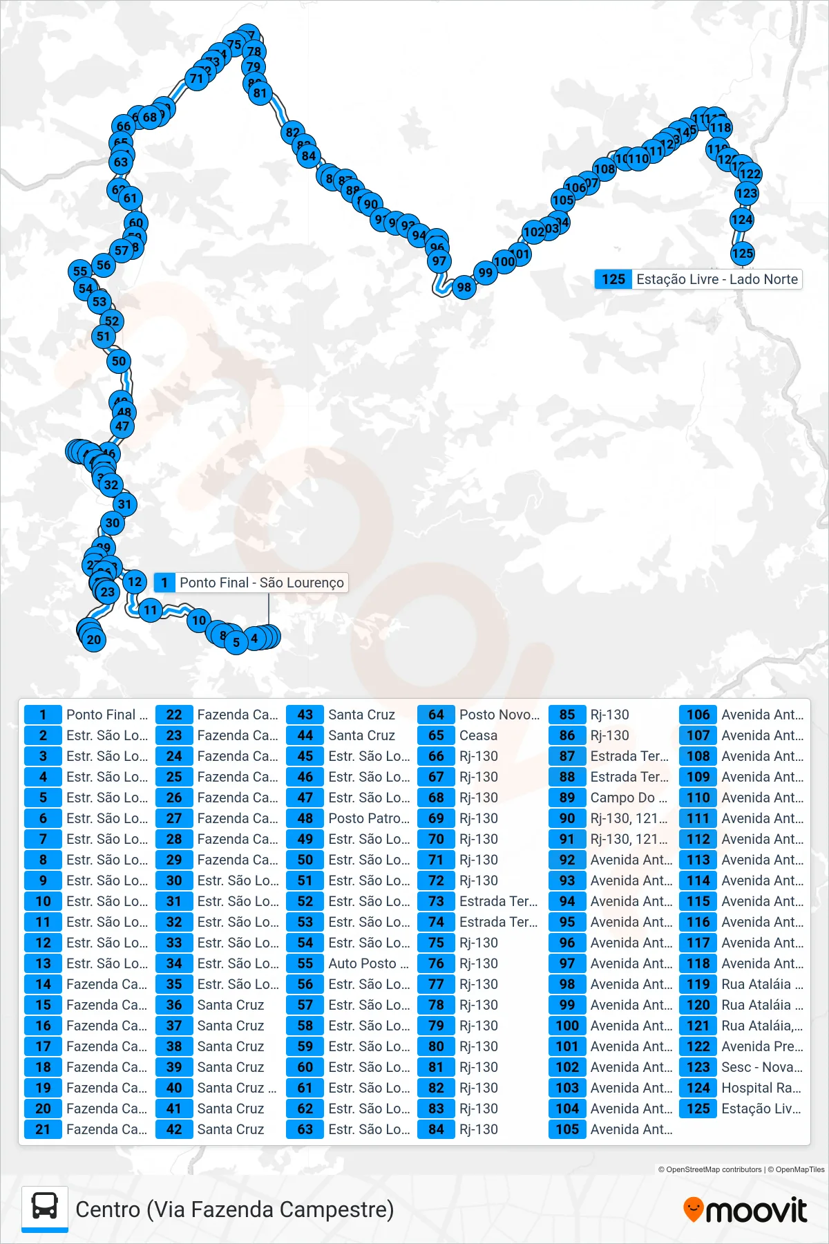 Rota e paradas da linha de ônibus 55-A (Centro) no mapa