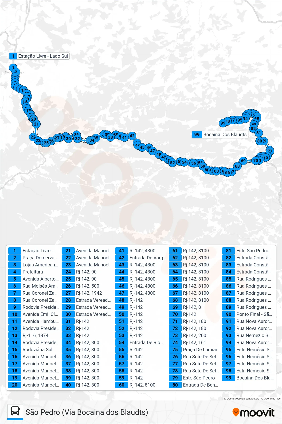 Rota e paradas da linha de ônibus 47-A (São Pedro / Bocaina) no mapa