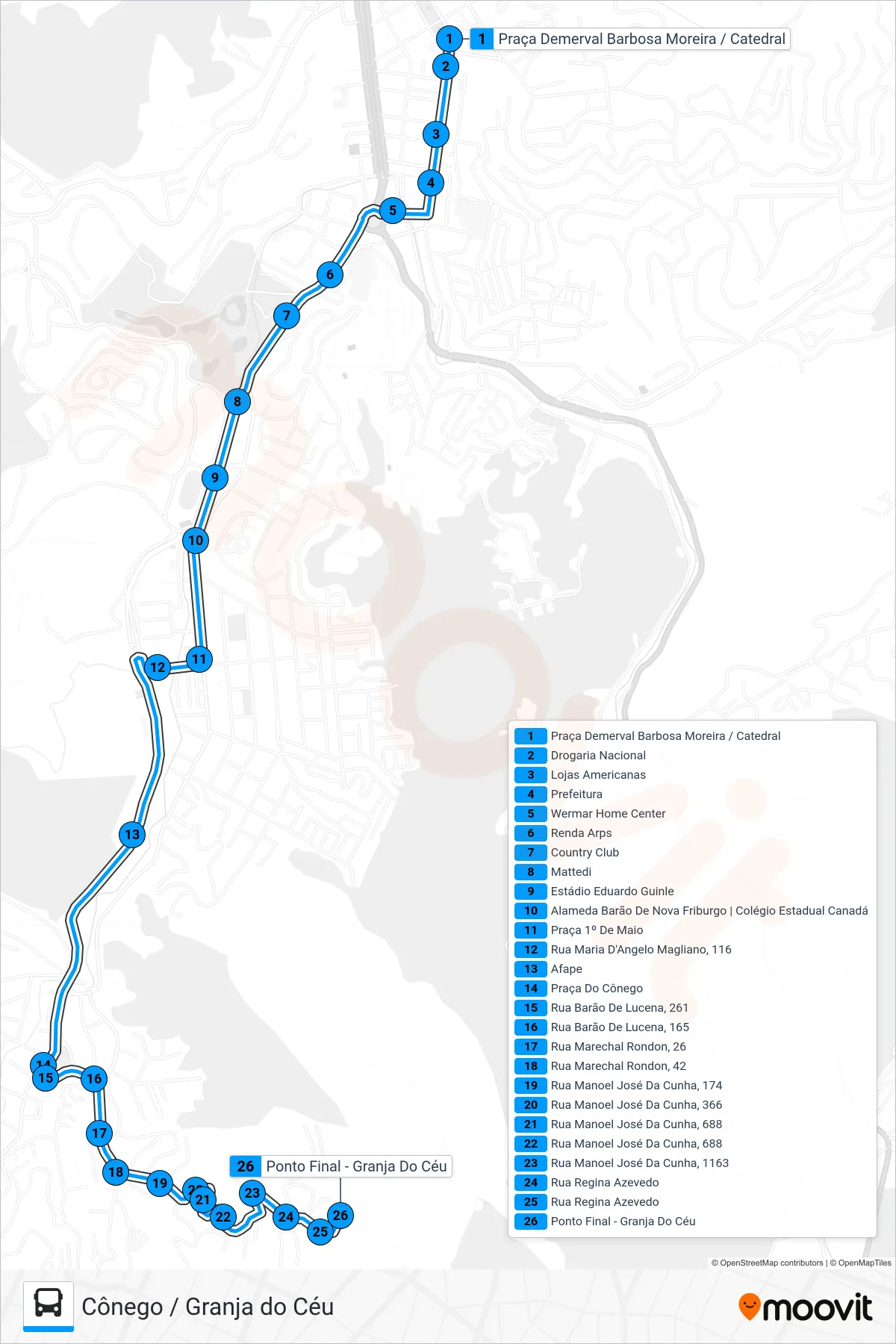 Rota e paradas da linha de ônibus 43-B (Cônego / Granja Do Céu) no mapa