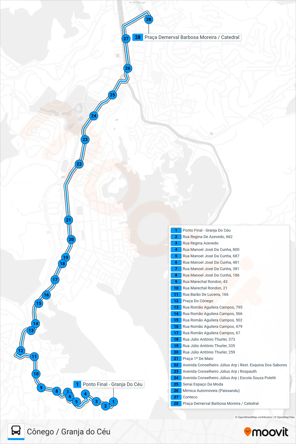 Rota e paradas da linha de ônibus 43-B (Centro) no mapa