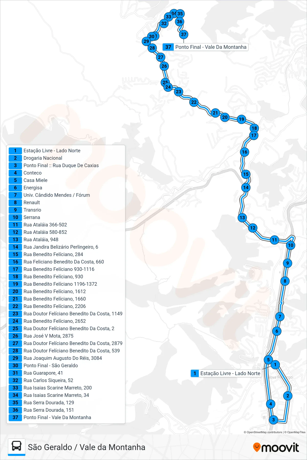 Rota e paradas da linha de ônibus 50-A (São Geraldo / Vale Da Montanha) no mapa
