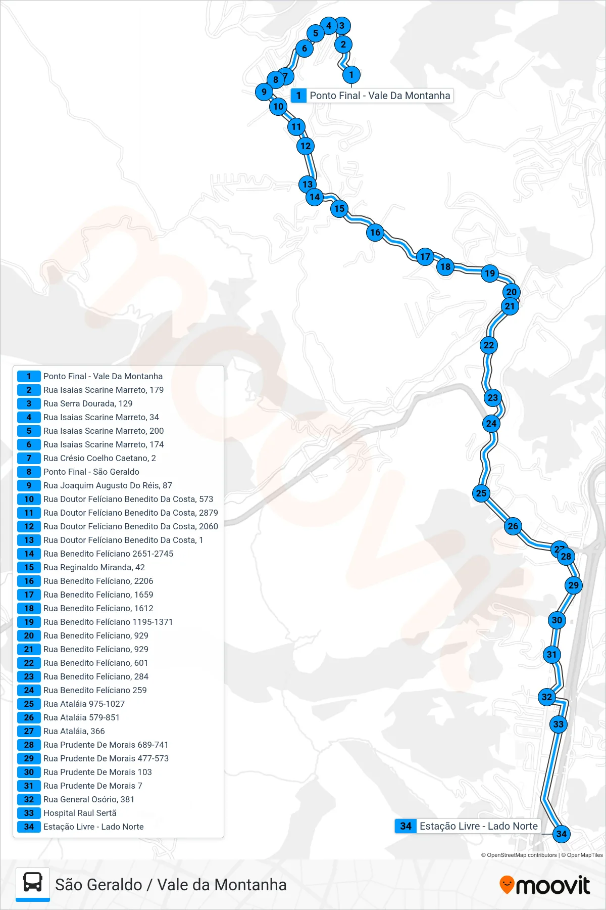 50-A bus Line (Centro (Estação Livre)) route and stops on a map