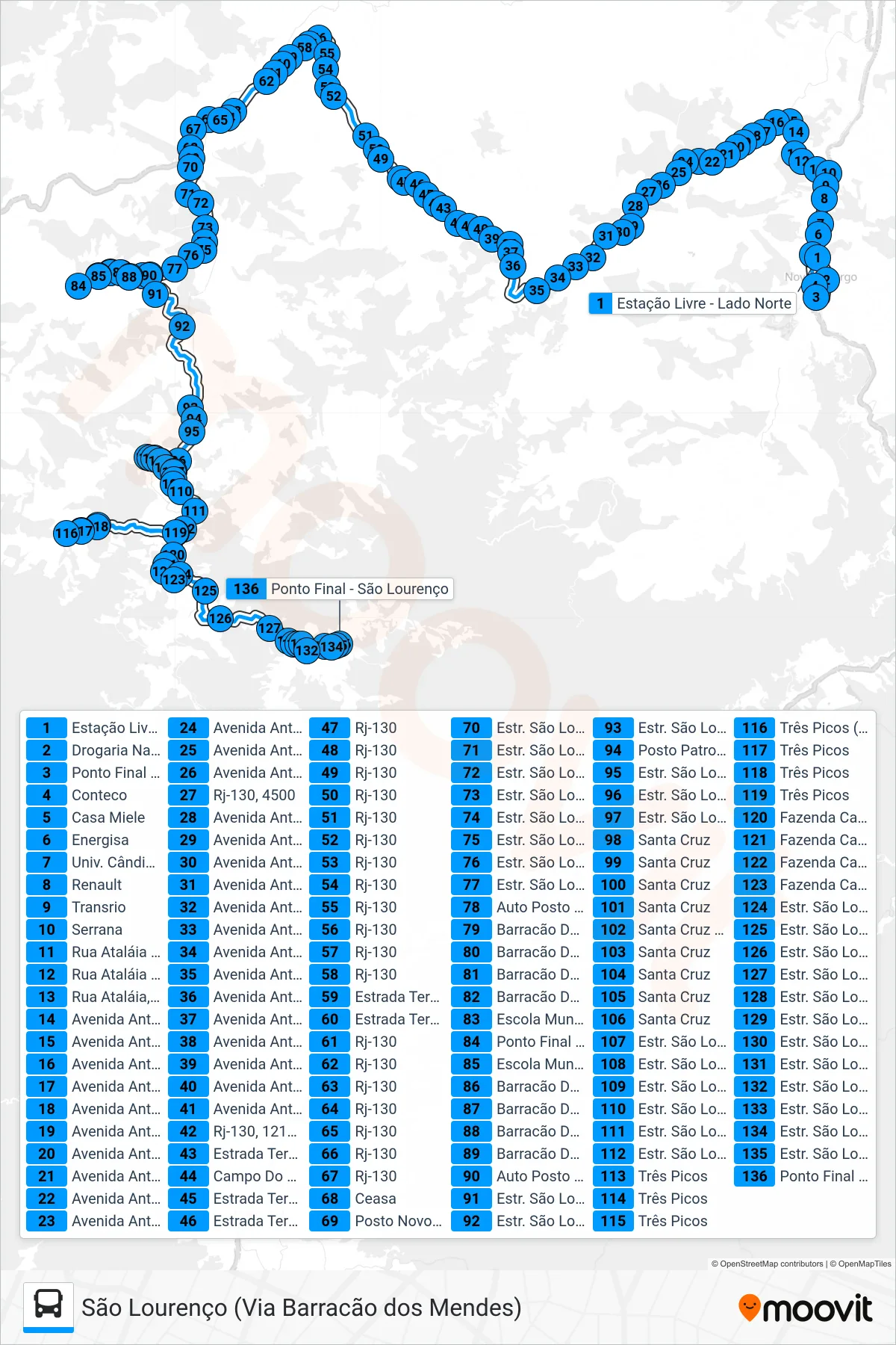 Rota e paradas da linha de ônibus 55-C (São Lourenço (Via Barracão Dos Mendes)) no mapa