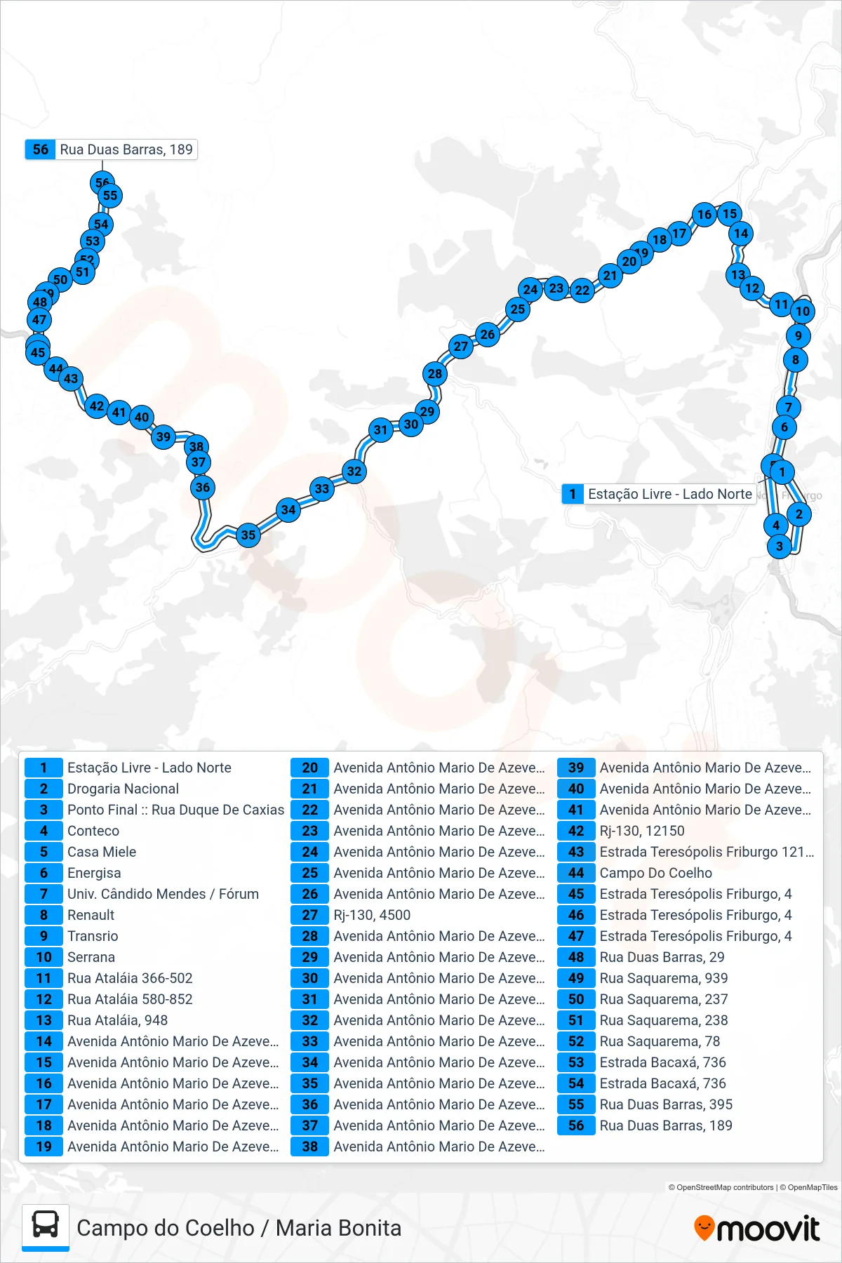 Rota e paradas da linha de ônibus 58-A (Campo Do Coelho / Maria Bonita) no mapa