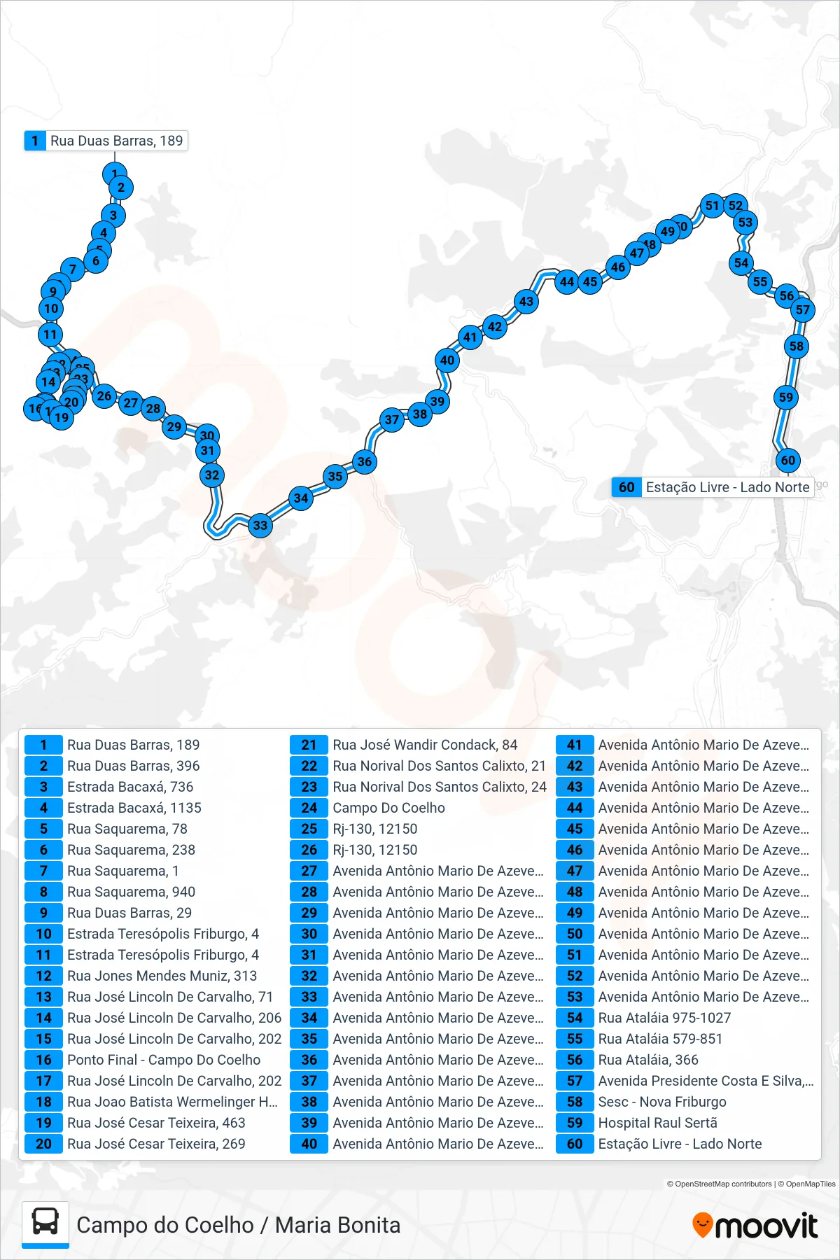 Rota e paradas da linha de ônibus 58-A (Centro) no mapa