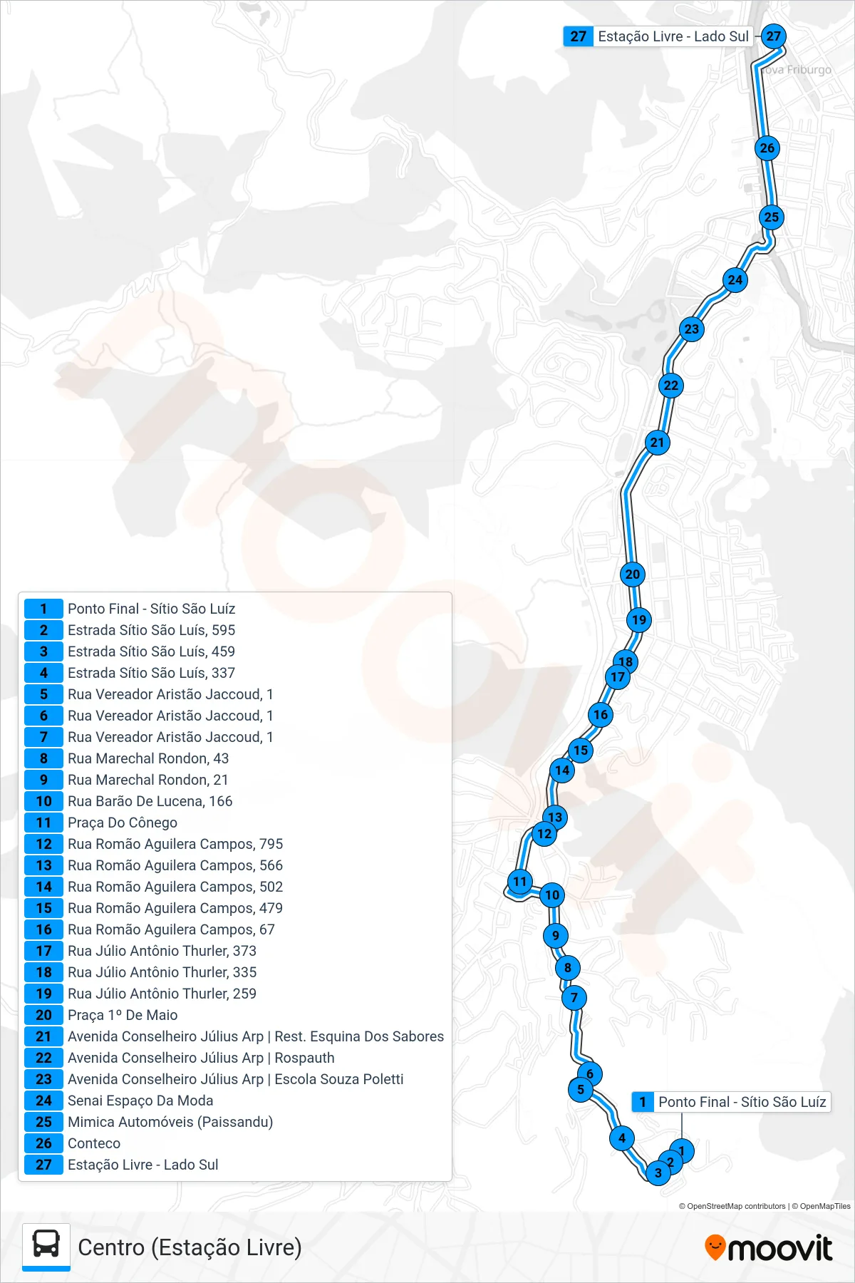 Rota e paradas da linha de ônibus 43-A (Centro (Estação Livre)) no mapa