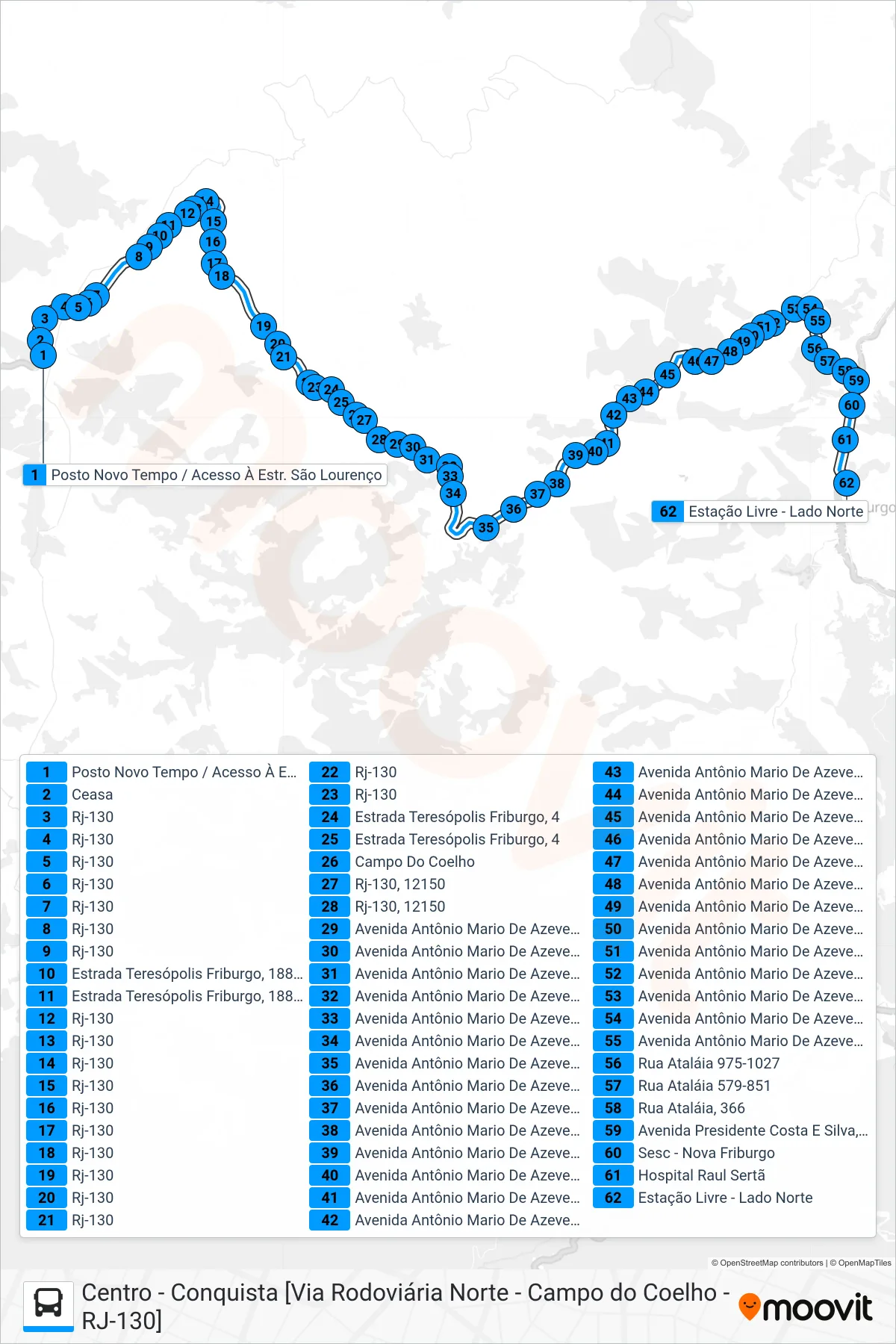 Rota e paradas da linha de ônibus  53-E  (Conquista → Centro                                                                [Via Rodoviária Norte ]) no mapa