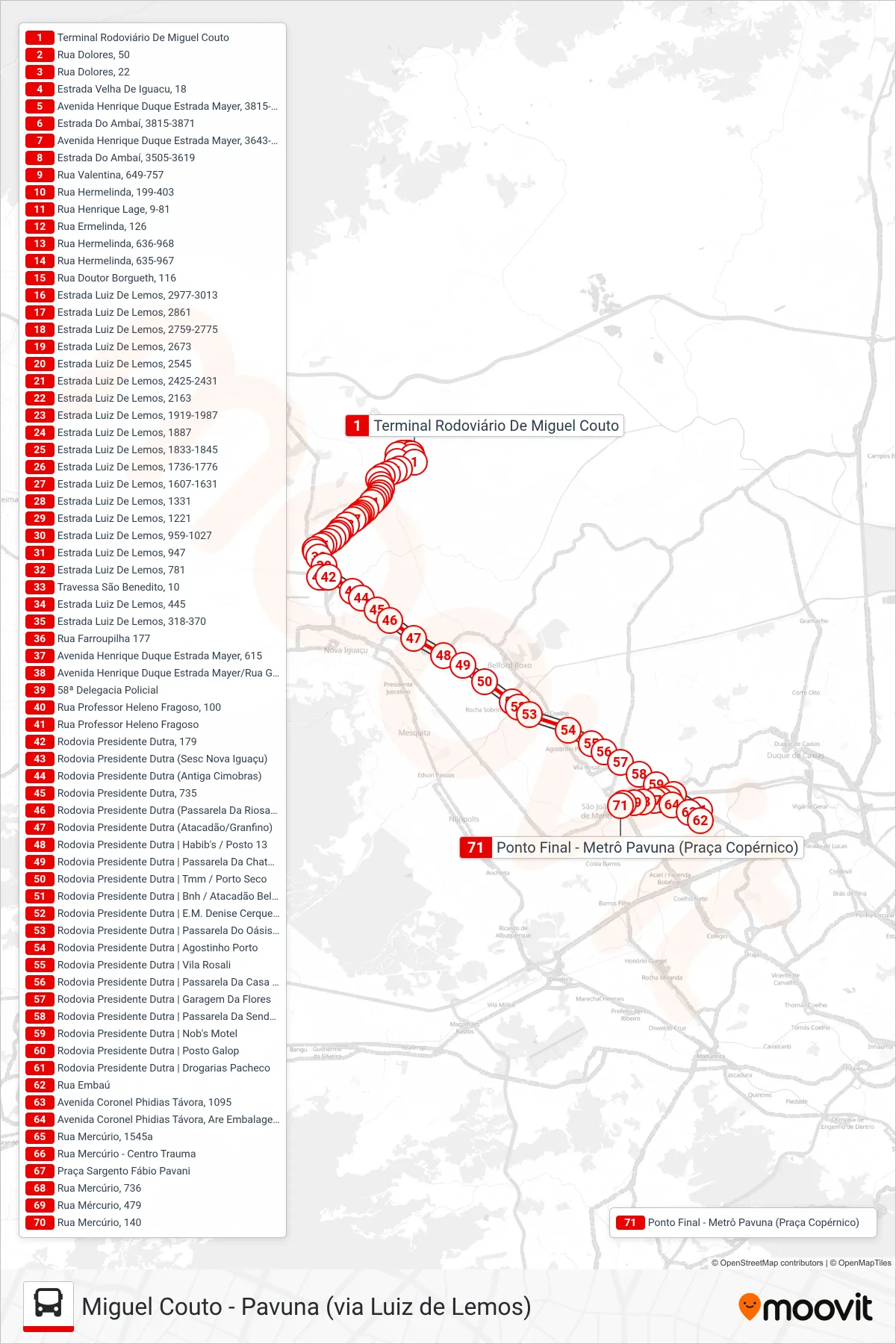 Rota e paradas da linha de ônibus 599I (Pavuna) no mapa