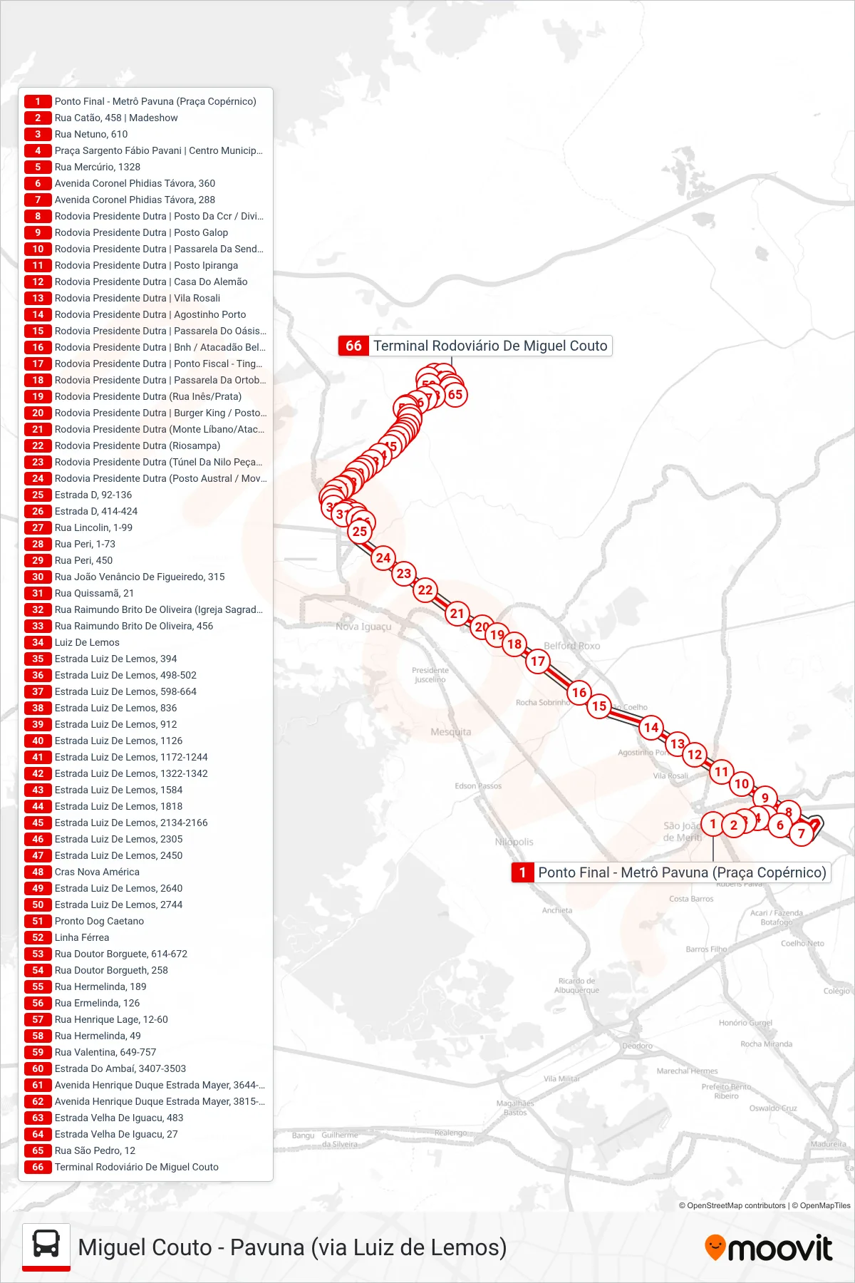 Rota e paradas da linha de ônibus 599I (Miguel Couto) no mapa