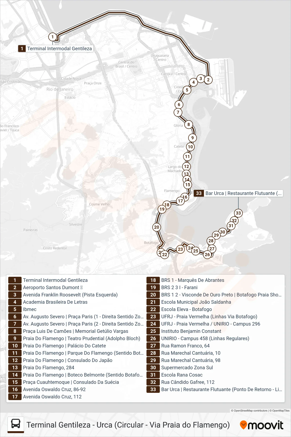 Rota e paradas da linha de ônibus 167 (Urca (Circular - Via Marcello Alencar)) no mapa