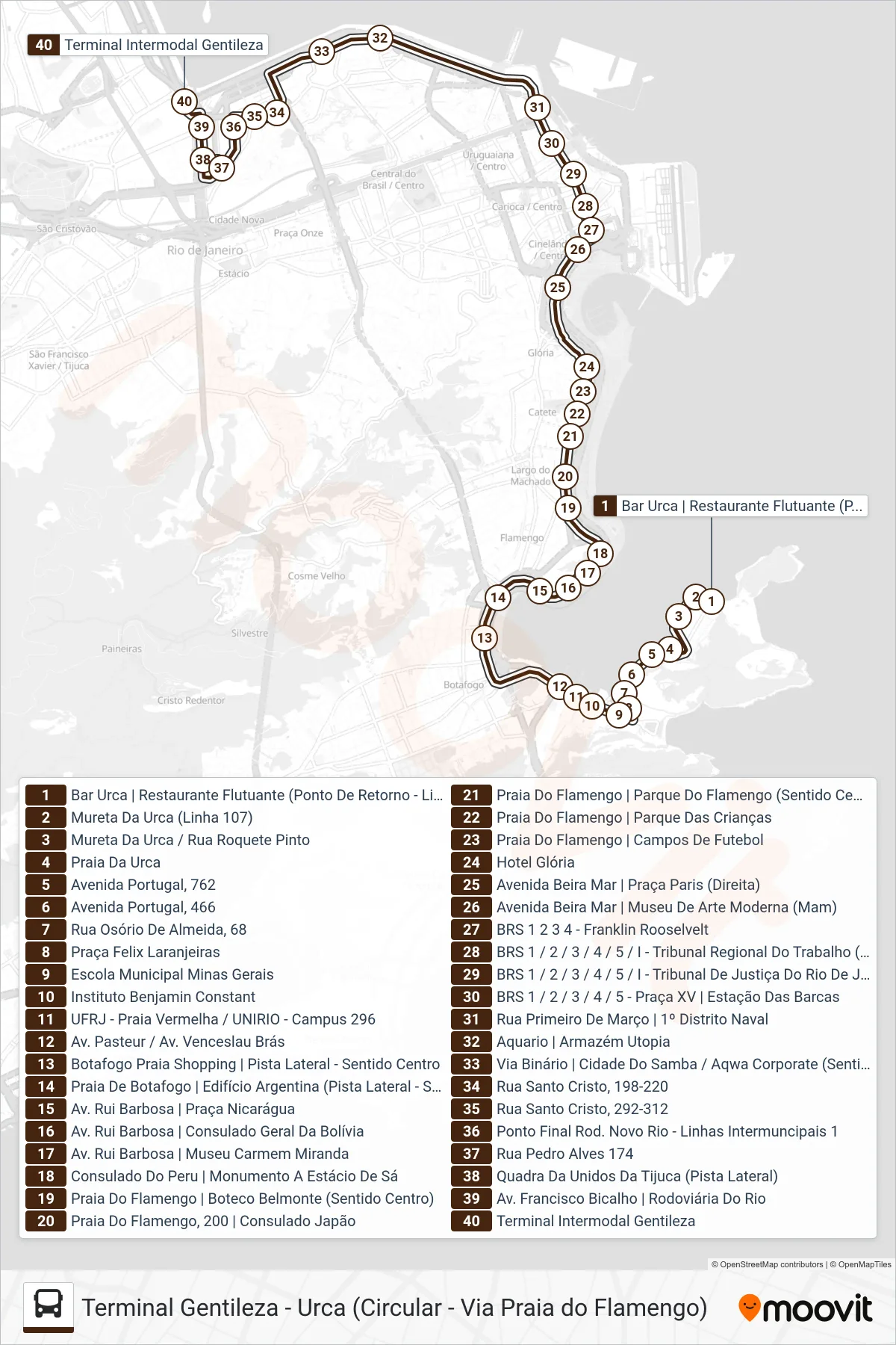 Rota e paradas da linha de ônibus 167 (Terminal Gentileza (Via Binário Do Porto)) no mapa
