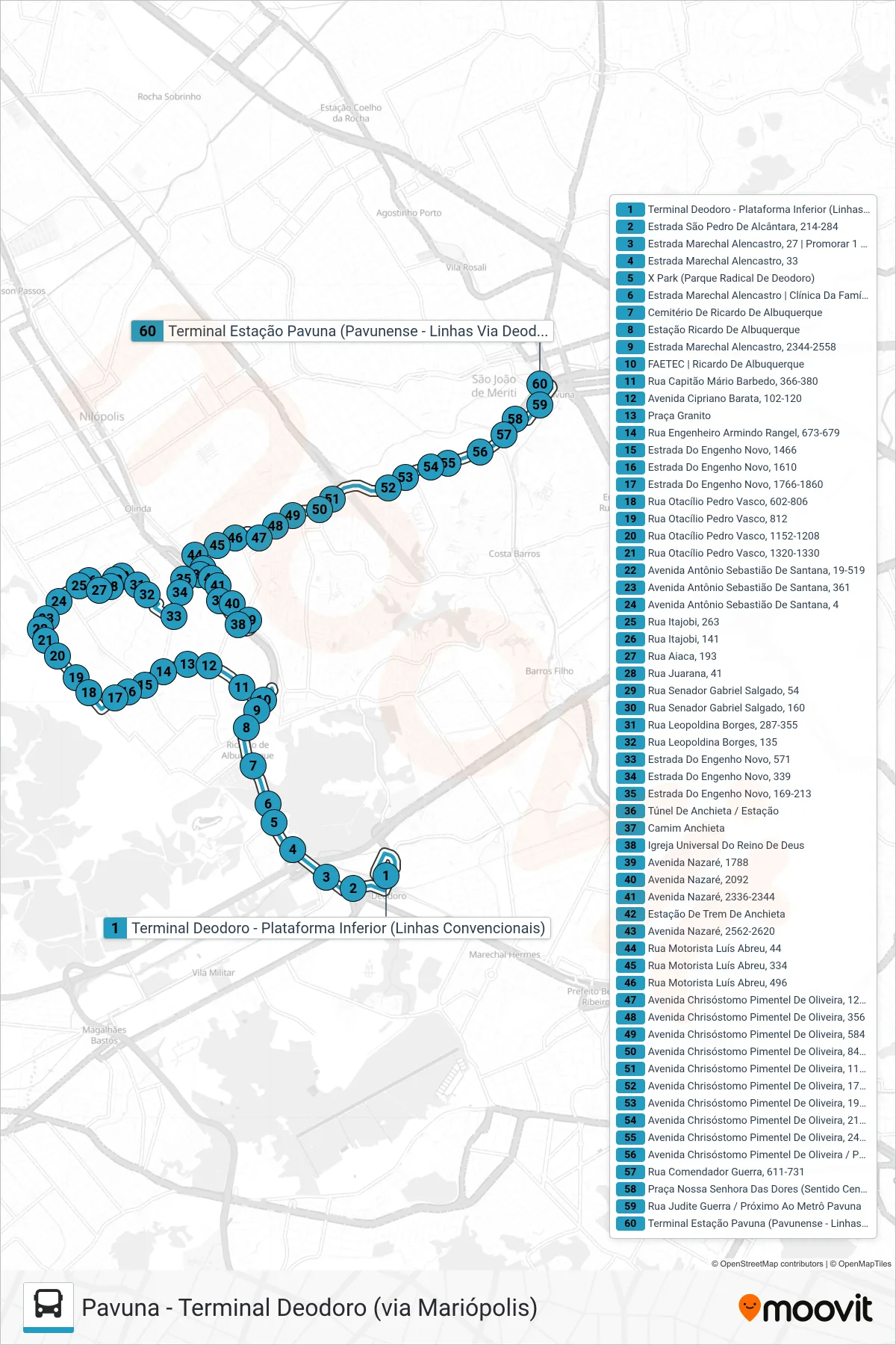 SP 795 bus Line (Pavuna) route and stops on a map