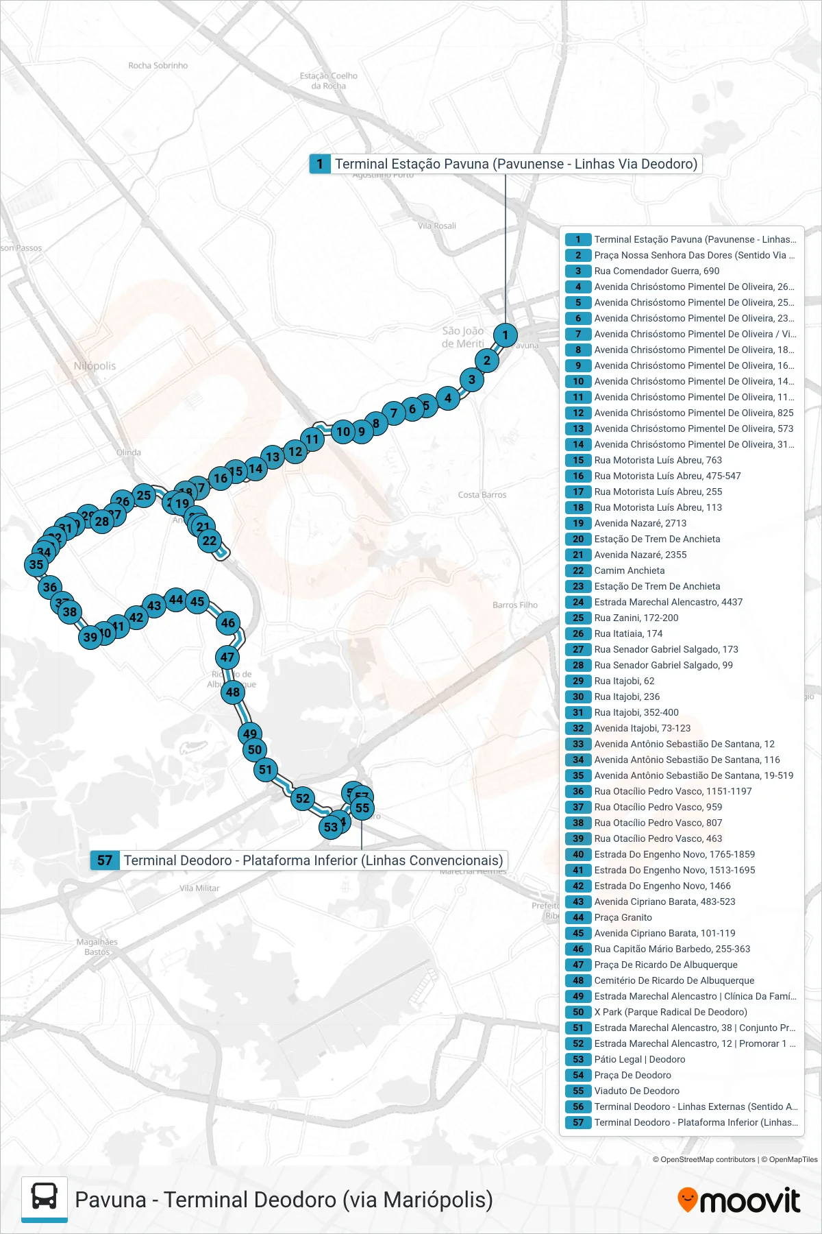 SP 795 bus Line (Terminal Deodoro) route and stops on a map