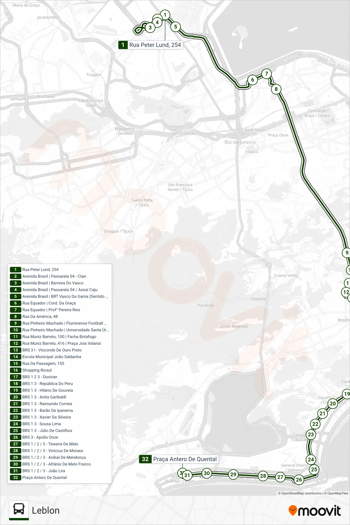 SP 404 bus Line (Leblon) route and stops on a map