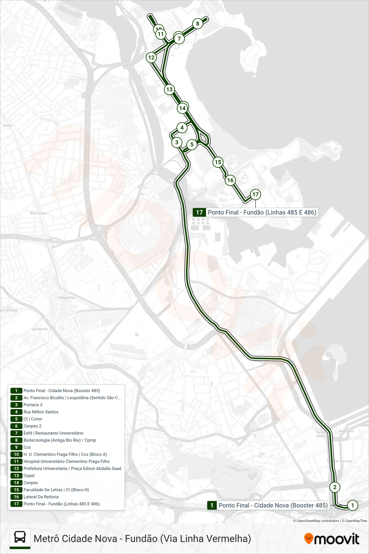 SP 485 bus Line (Fundão) route and stops on a map