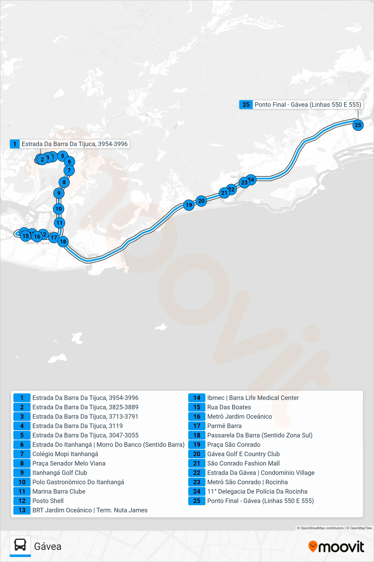 SPB 550 bus Line (Gávea) route and stops on a map