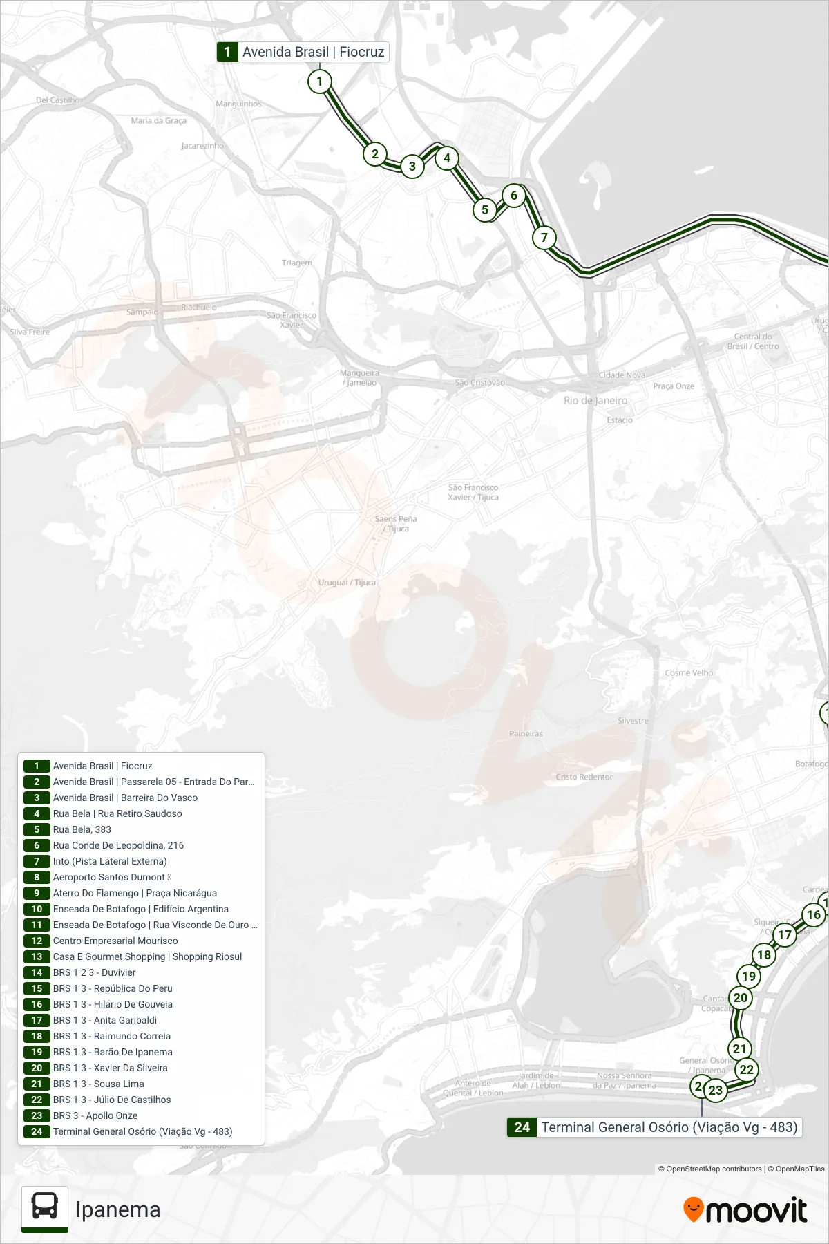 SPA 483 bus Line (Ipanema) route and stops on a map