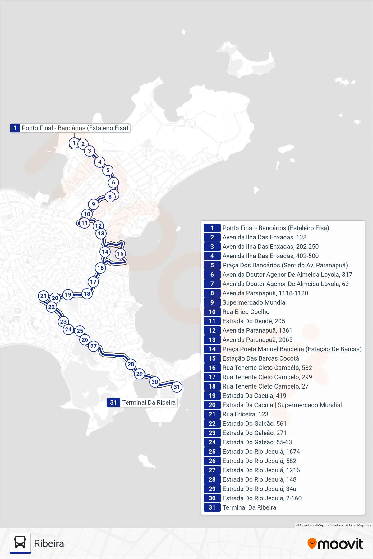 SV 921 bus Line (Ribeira) route and stops on a map