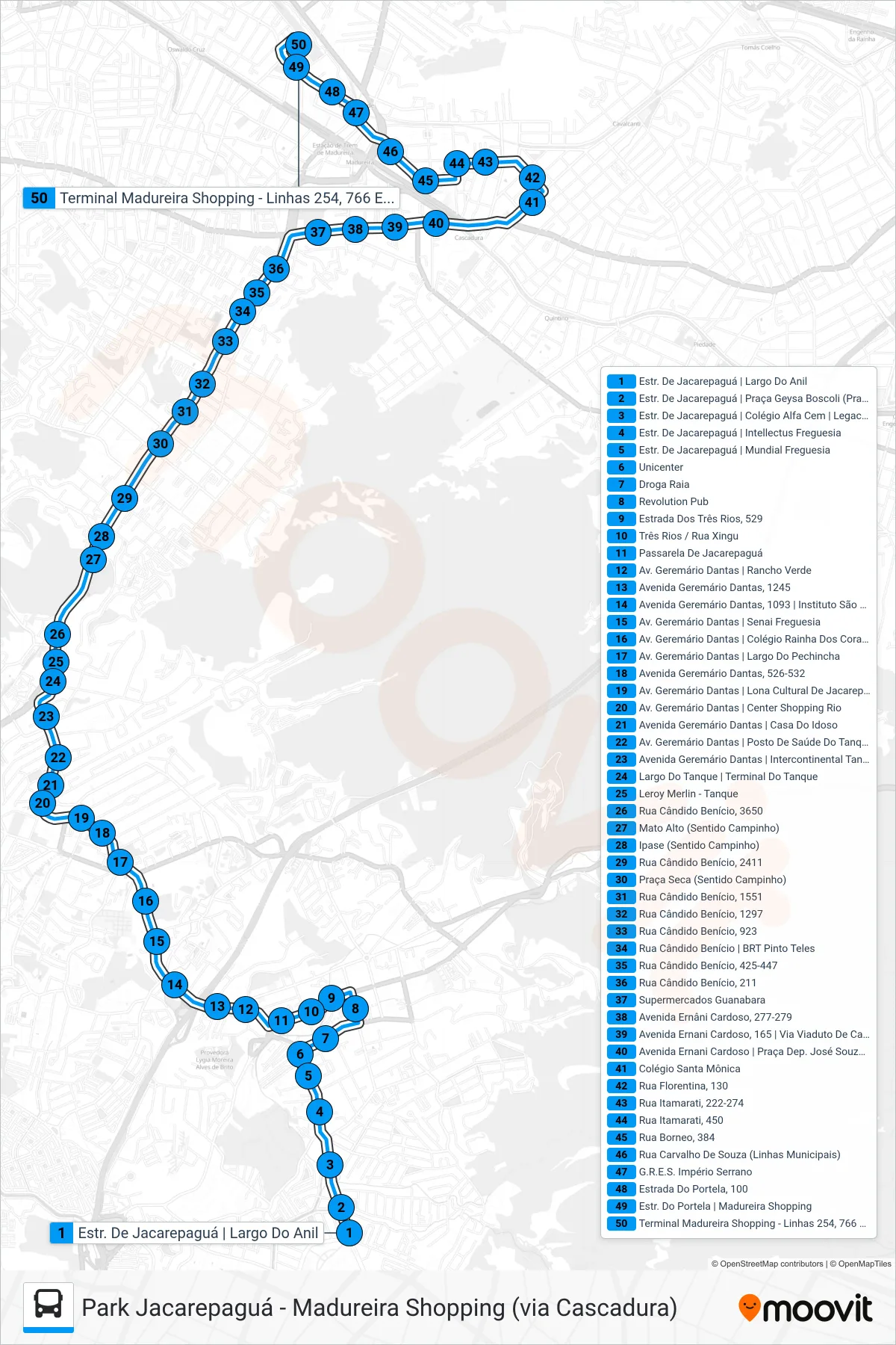Rota e paradas da linha de ônibus SP 766 (Madureira Shopping) no mapa