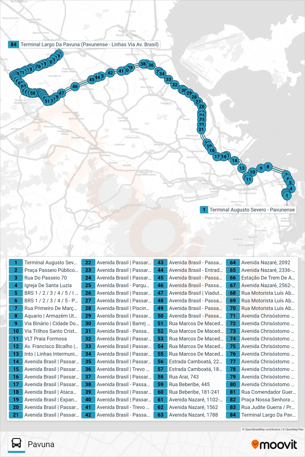 SV 384 bus Line (Pavuna) route and stops on a map