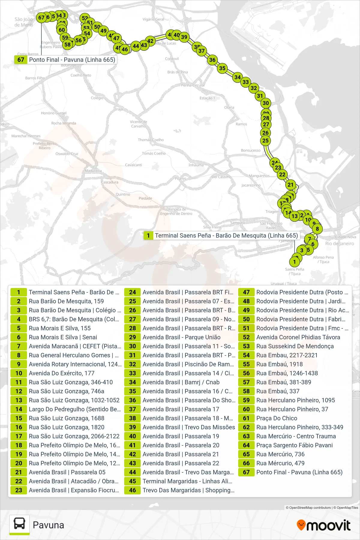 Rota e paradas da linha de ônibus SVA 665 (Pavuna) no mapa