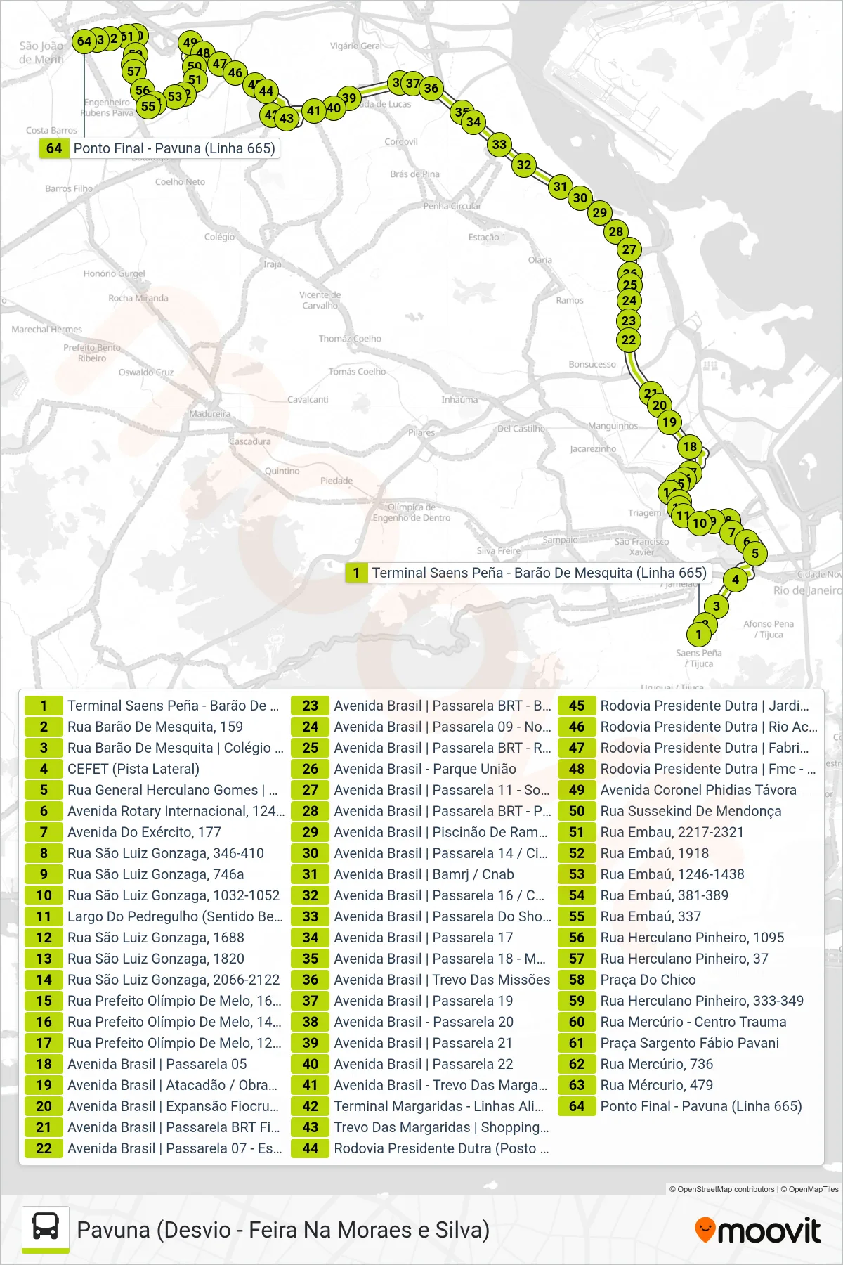 Rota e paradas da linha de ônibus SVA 665 (Pavuna (Desvio - Feira Na Moraes e Silva)) no mapa