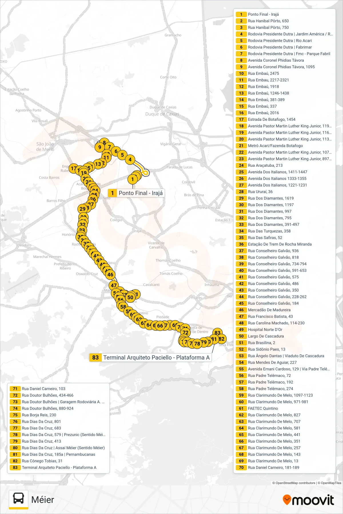Rota e paradas da linha de ônibus SVA 685 (Méier) no mapa