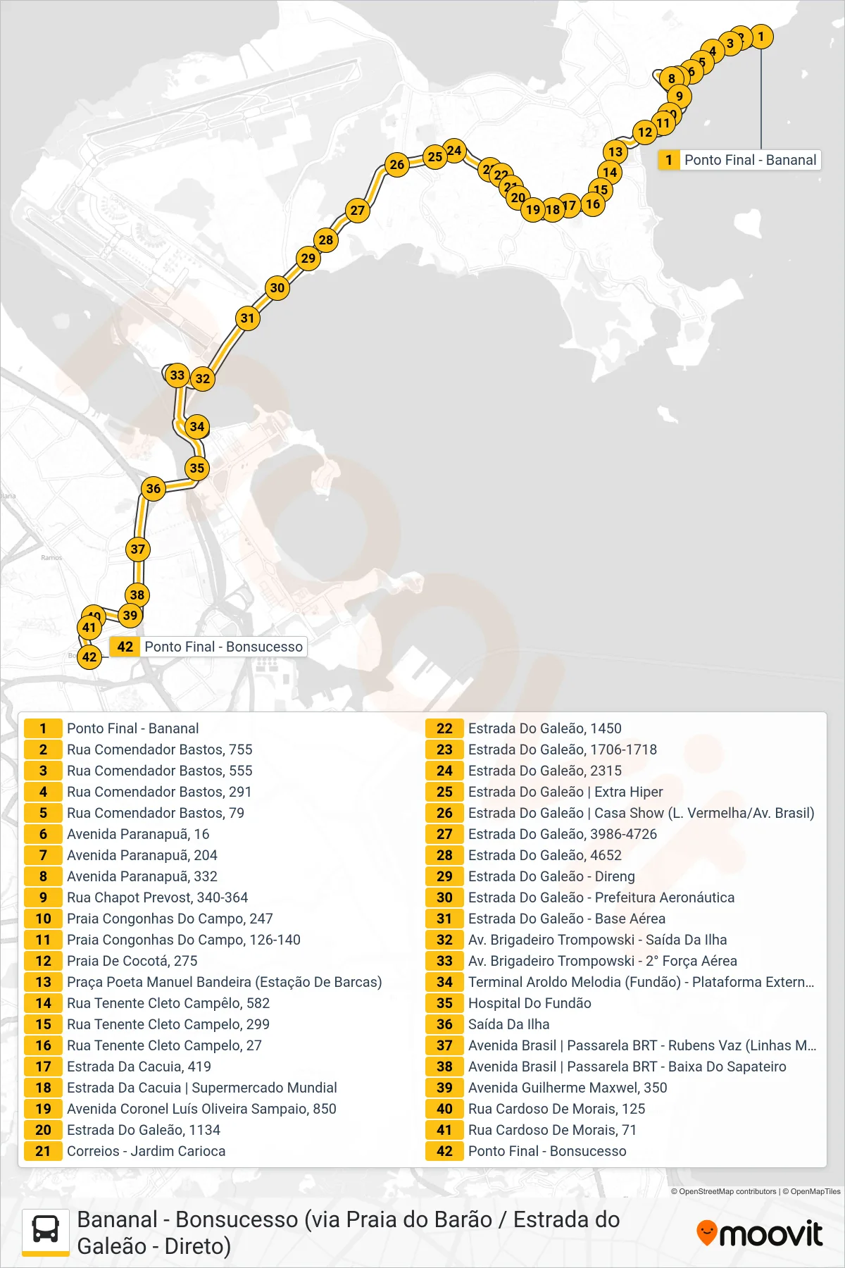 Rota e paradas da linha de ônibus SVB 901 (Bonsucesso) no mapa