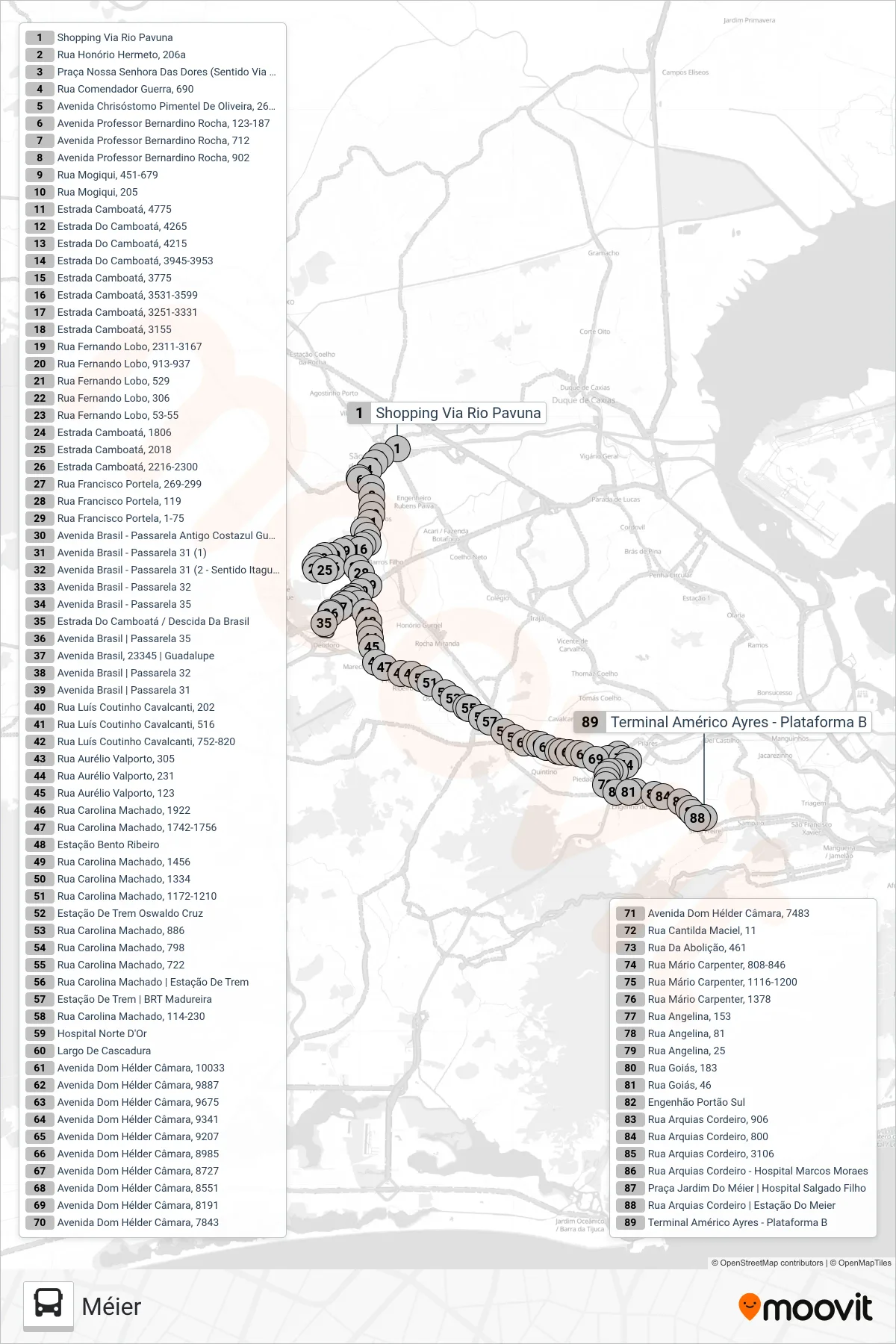 Rota e paradas da linha de ônibus SV 669 (Méier) no mapa