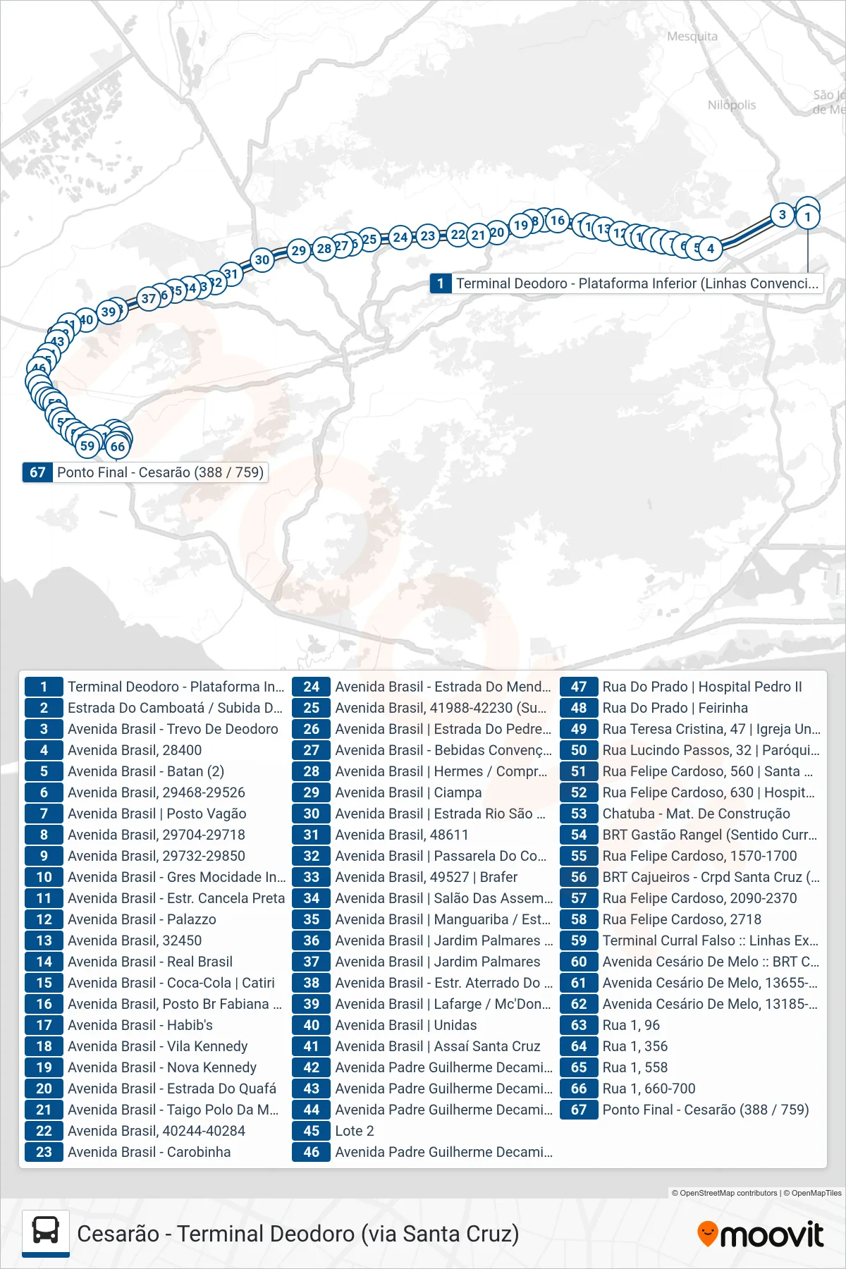 Rota e paradas da linha de ônibus SP 759 (Cesarão) no mapa