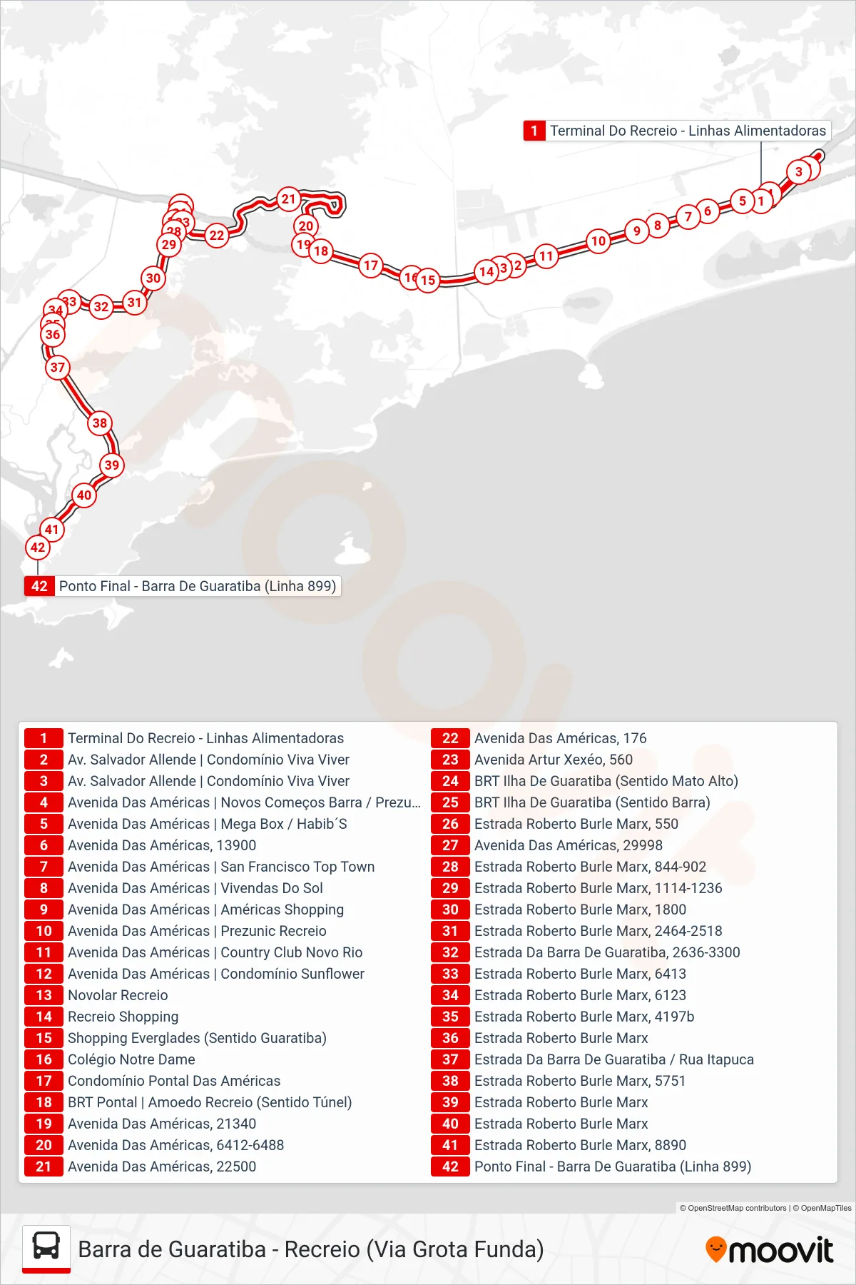Rota e paradas da linha de ônibus SV 899 (Barra De Guaratiba) no mapa