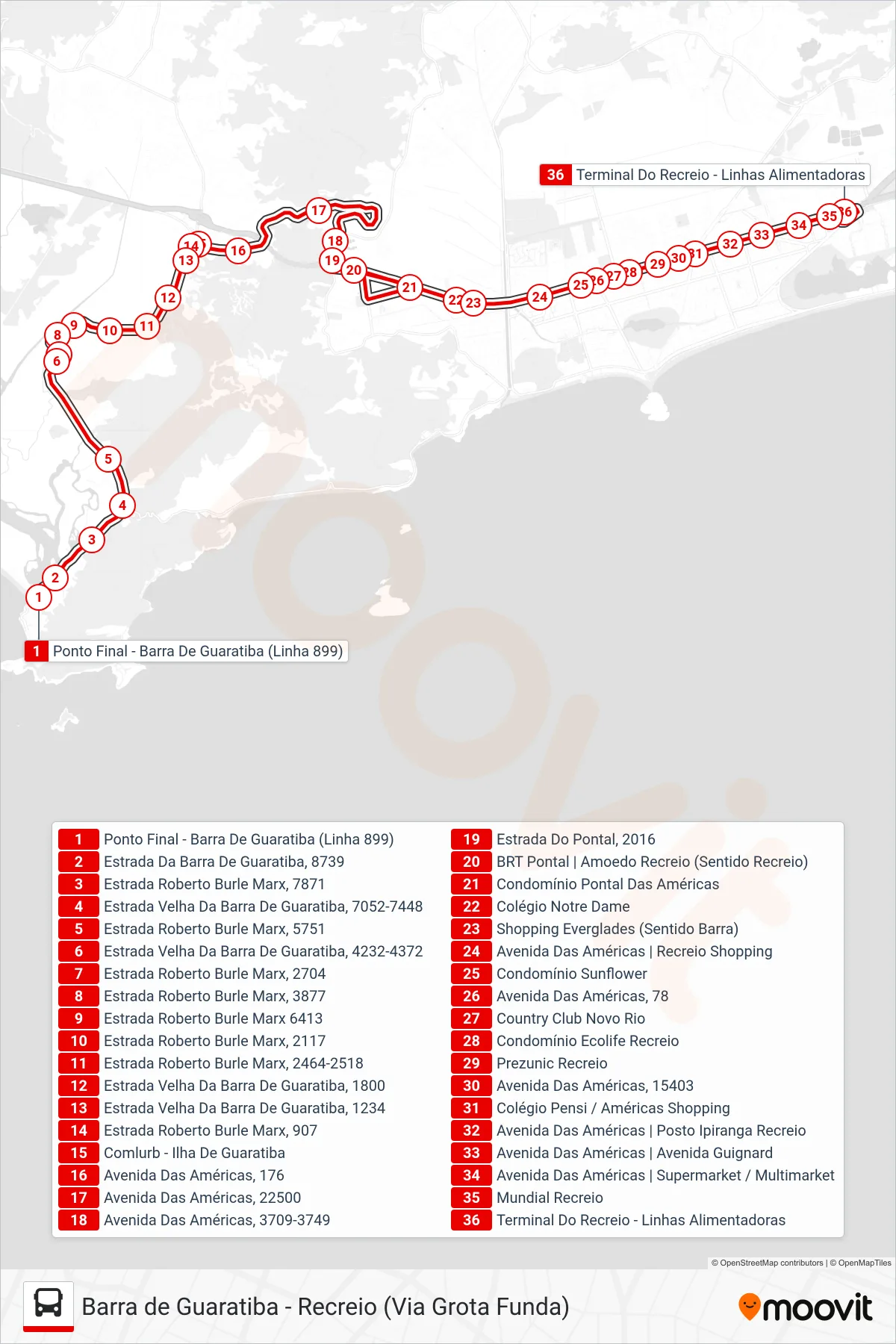 SV 899 bus Line (Recreio) route and stops on a map