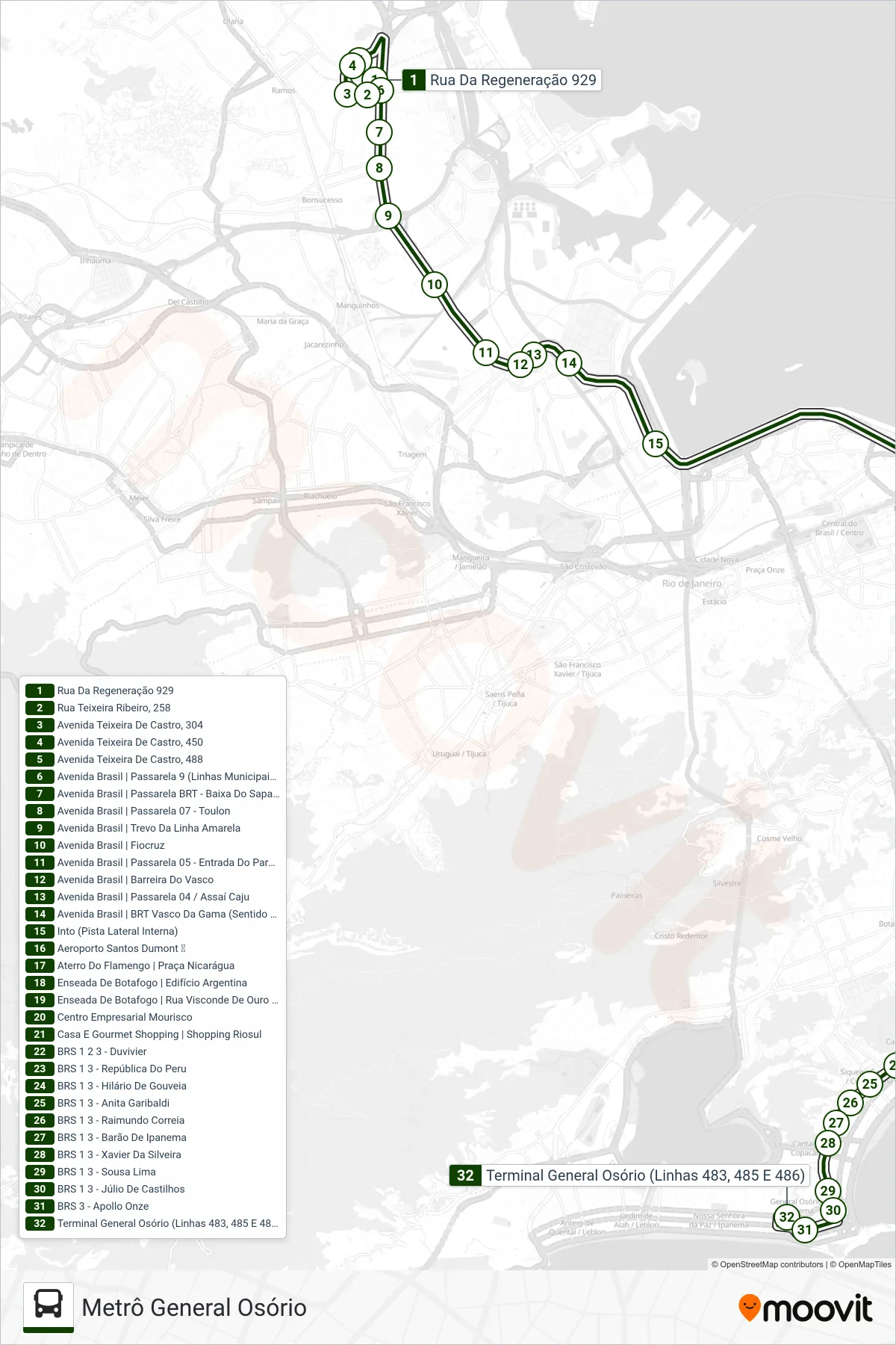 Rota e paradas da linha de ônibus SPB 483 (Metrô General Osório) no mapa
