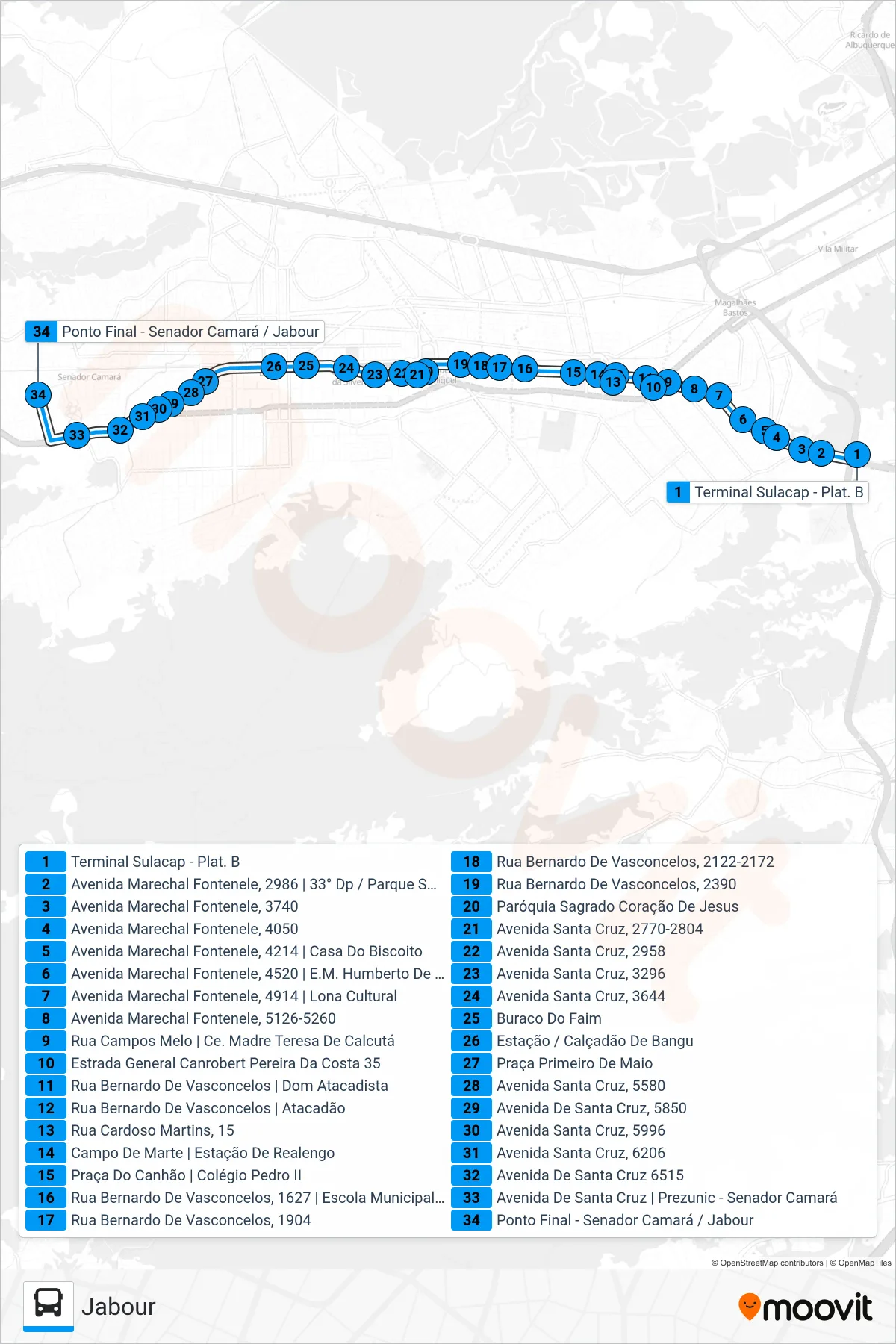 Rota e paradas da linha de ônibus SP 803 (Jabour) no mapa