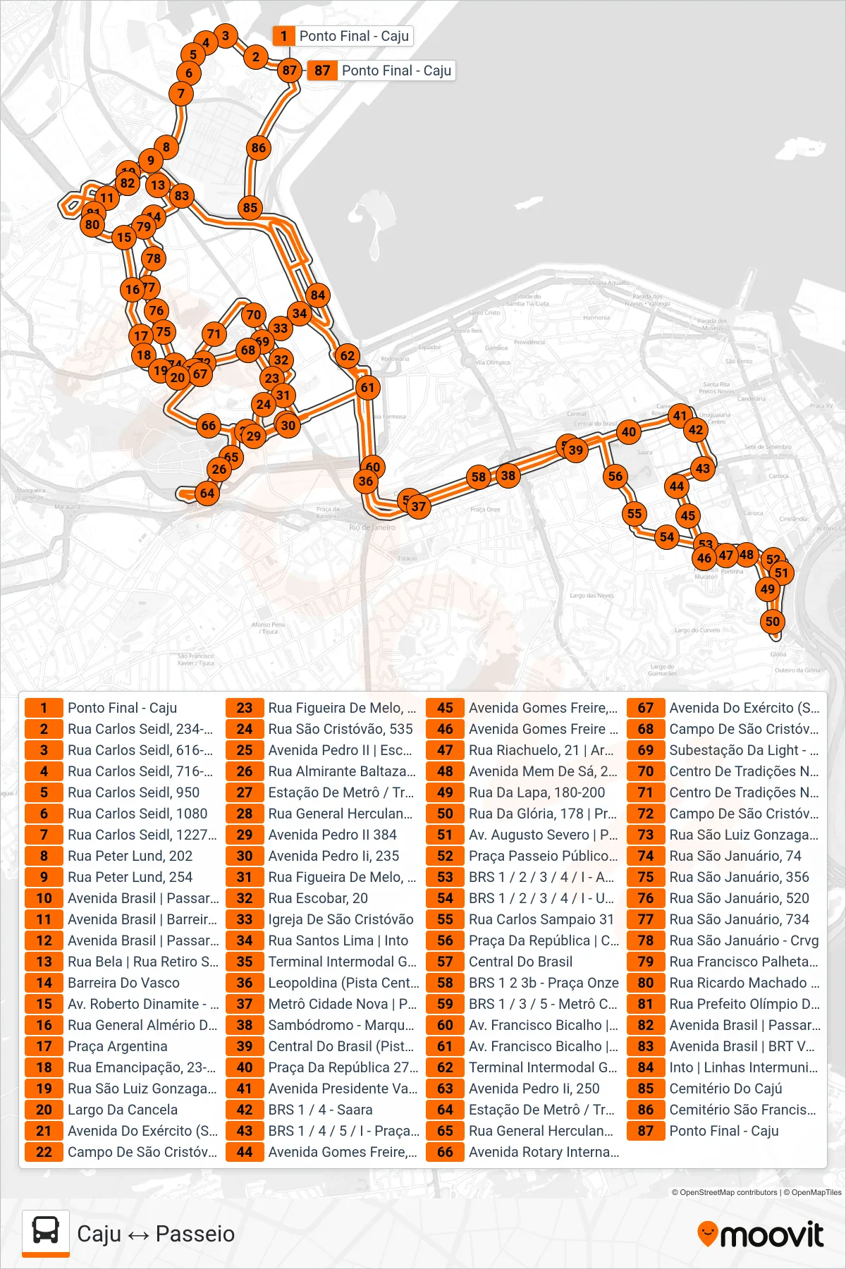 SN 209 bus Line (Caju ↔ Passeio) route and stops on a map