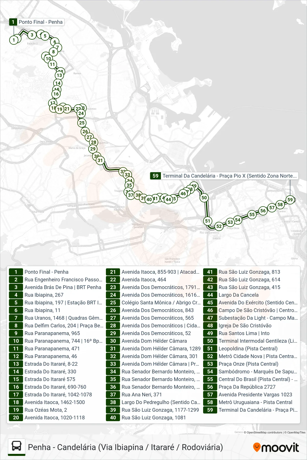 Rota e paradas da linha de ônibus SN 312 (Candelária (Circular)) no mapa