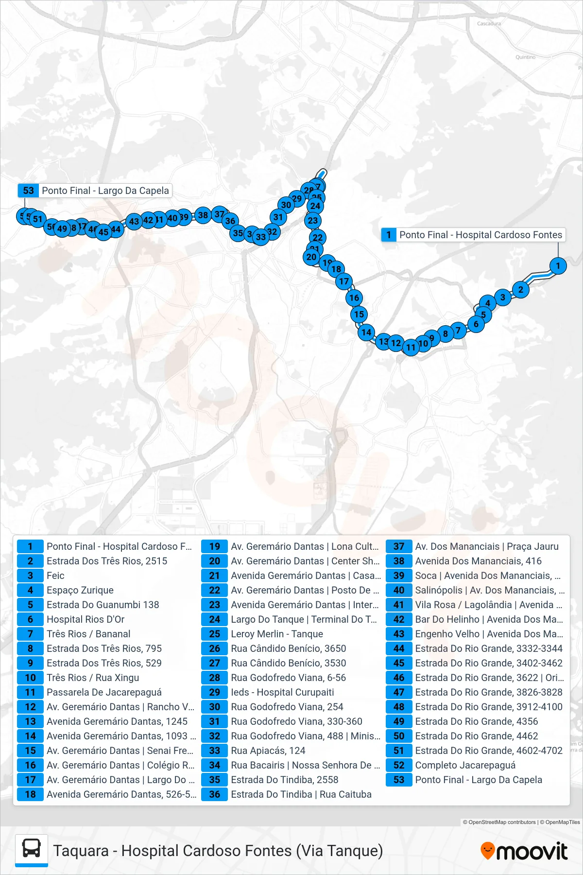 Rota e paradas da linha de ônibus SP 601 (Taquara (Capela)) no mapa