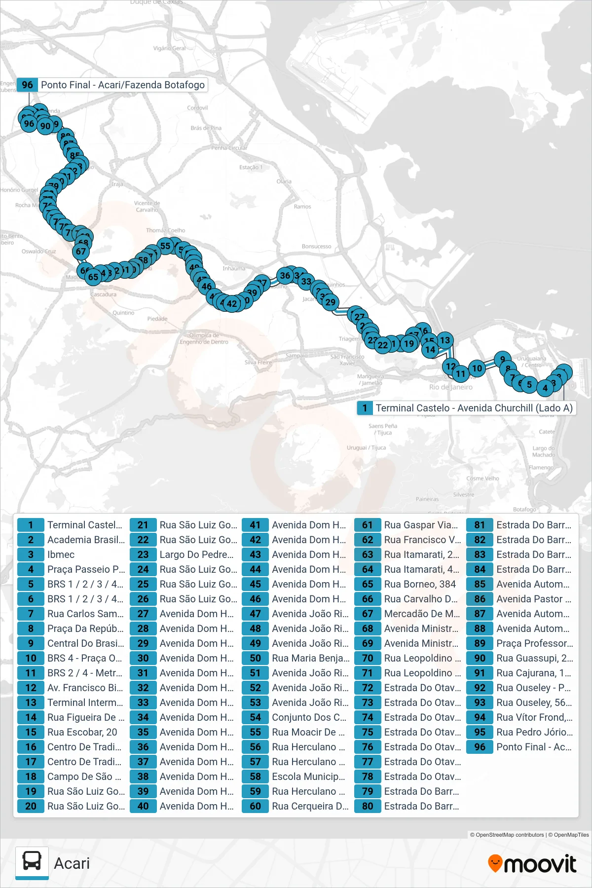 Rota e paradas da linha de ônibus SN 298 (Acari) no mapa