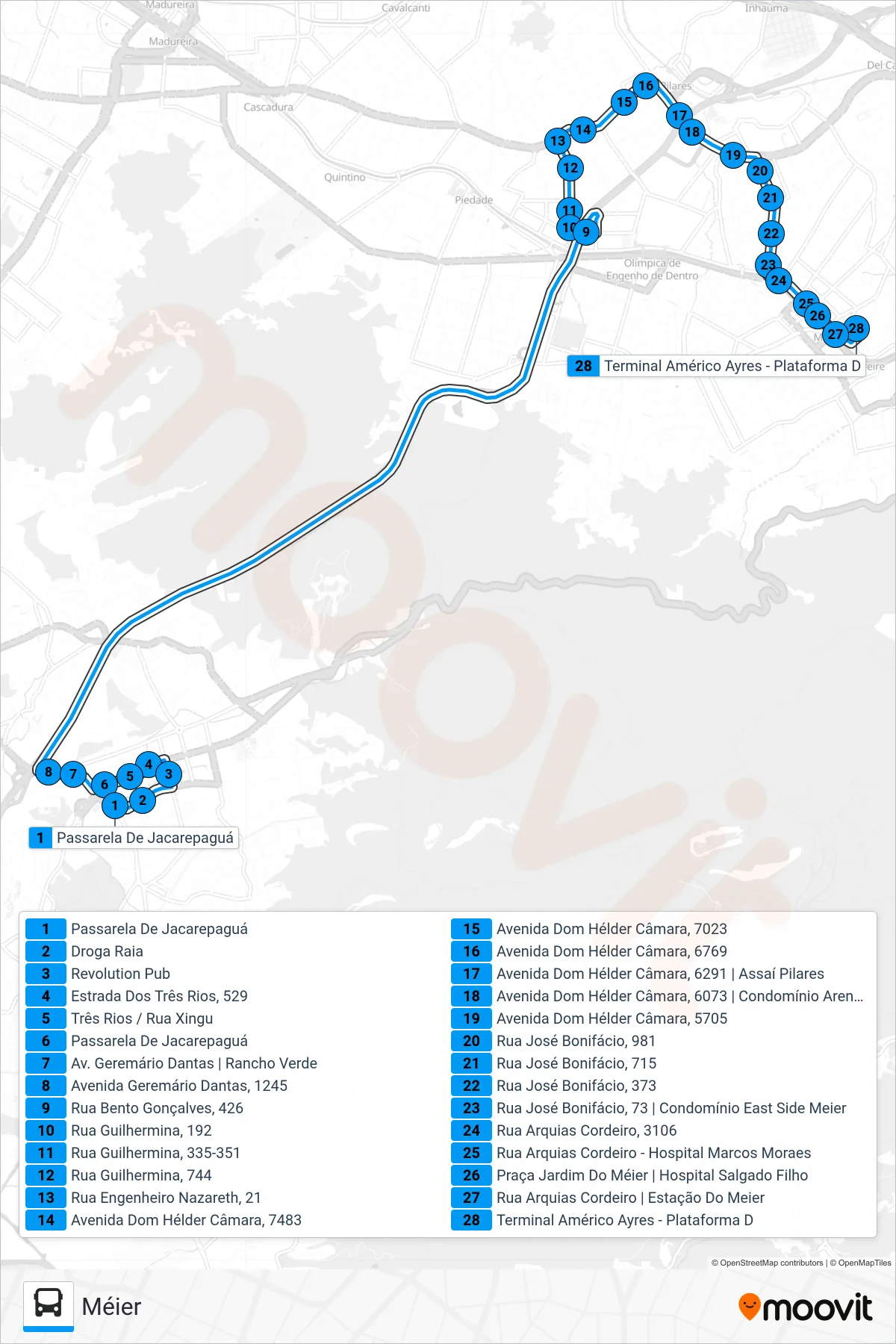 Rota e paradas da linha de ônibus SP 692 (Méier) no mapa