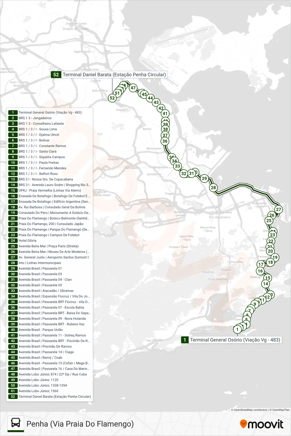 SV 483 bus Line (Penha (Via Praia Do Flamengo)) route and stops on a map