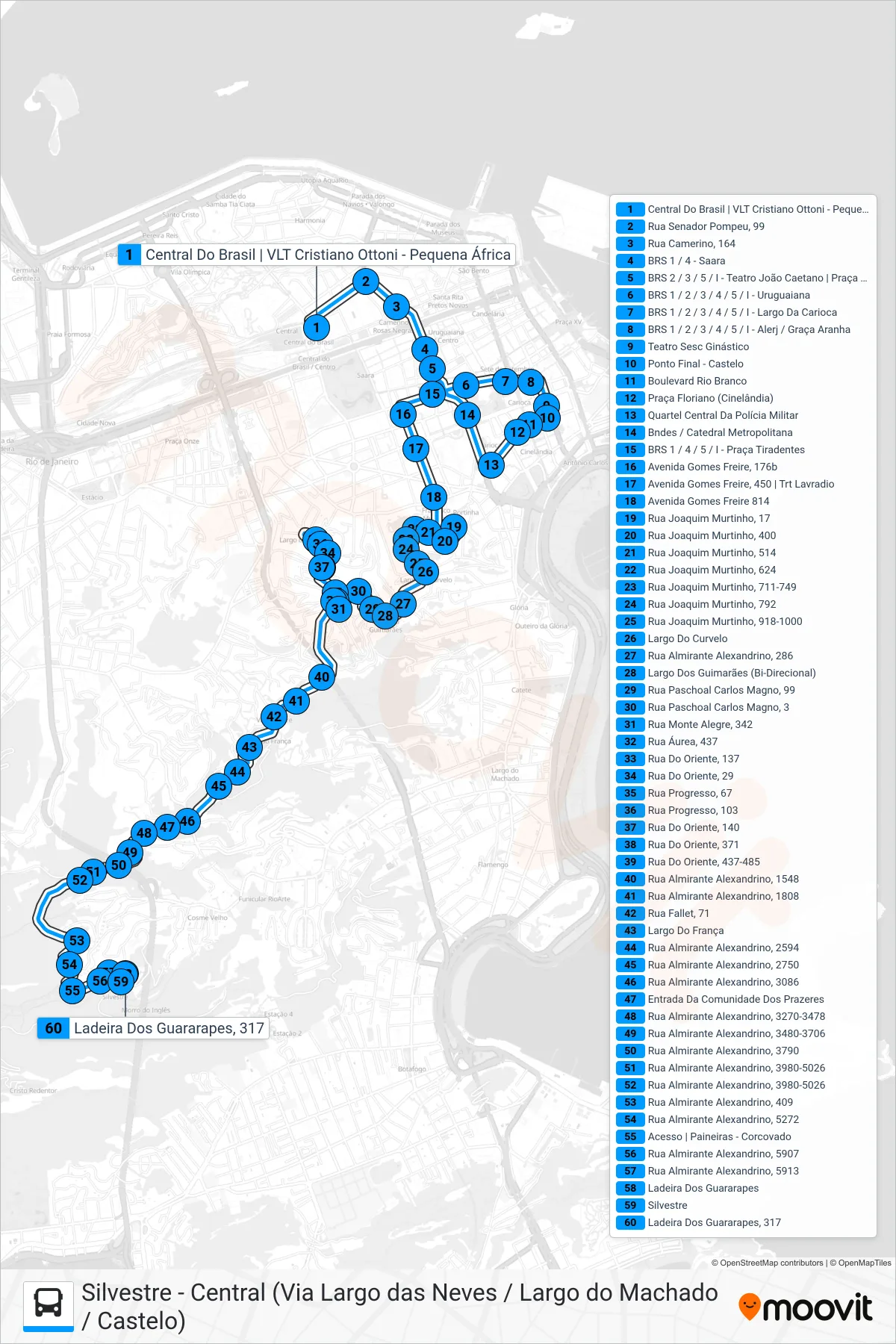 Rota e paradas da linha de ônibus SN 007 (Silvestre) no mapa
