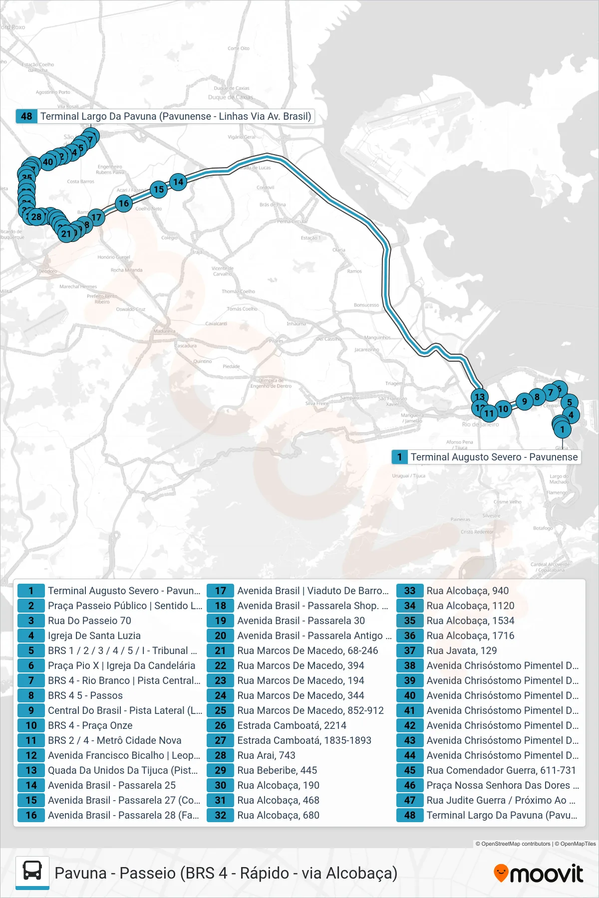 Rota e paradas da linha de ônibus SR 399 (Pavuna) no mapa