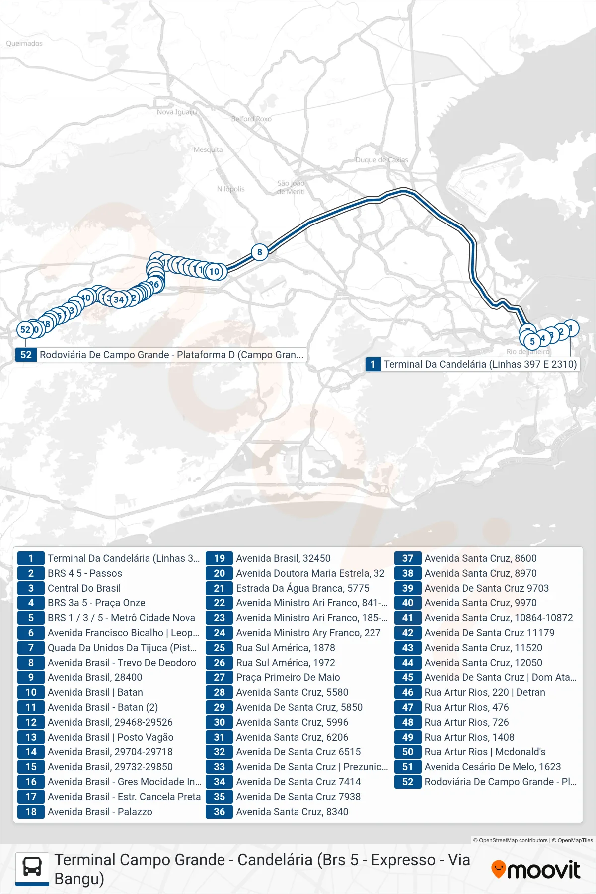 Rota e paradas da linha de ônibus SR 397 (Campo Grande) no mapa