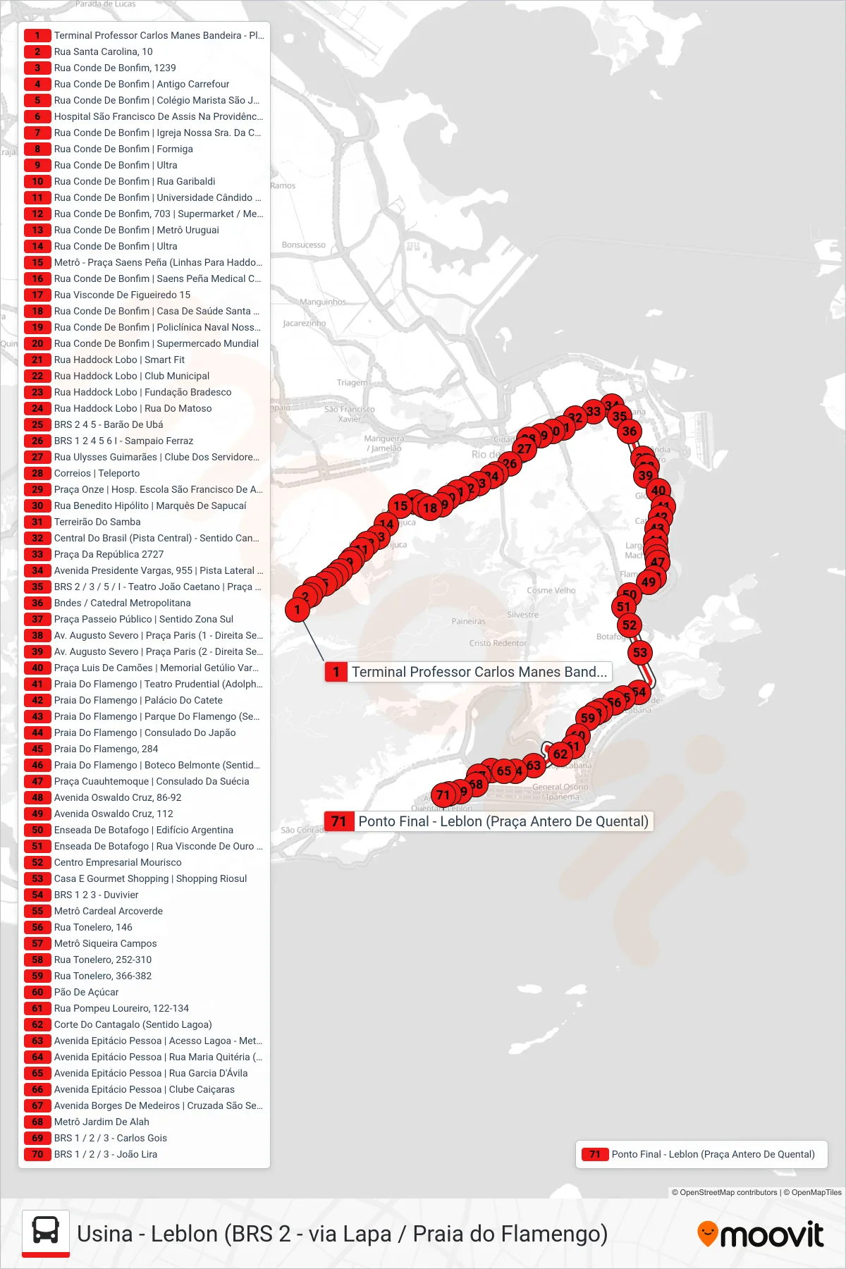 Rota e paradas da linha de ônibus SN 415 (Leblon) no mapa