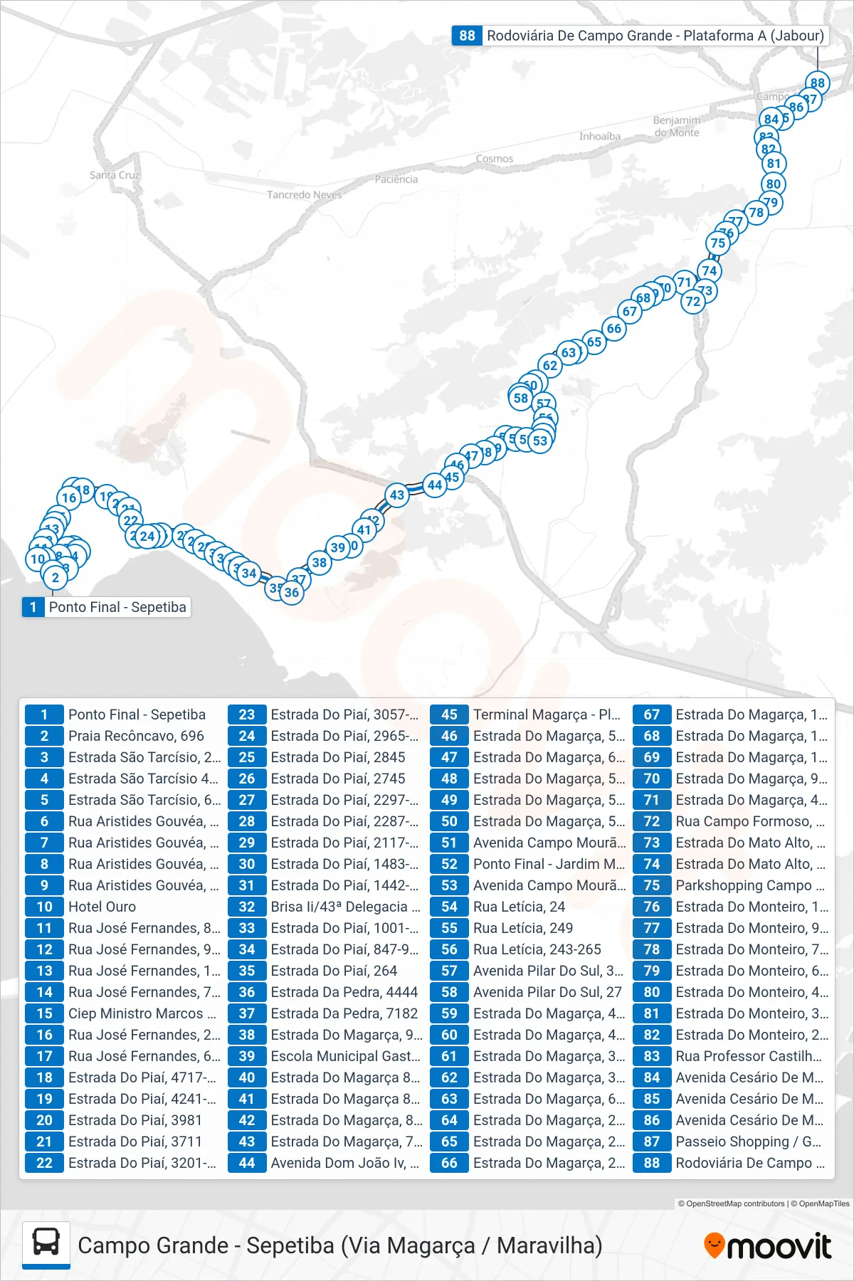 SN 884 bus Line (Campo Grande) route and stops on a map